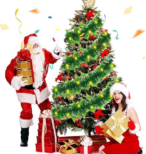 Miniatura 6 de WILLBOND Guirnalda de oropel de Navidad de 39.4 pies, guirnalda metálica verde brillante con 120 luces LED, guirnalda de árbol de Navidad,