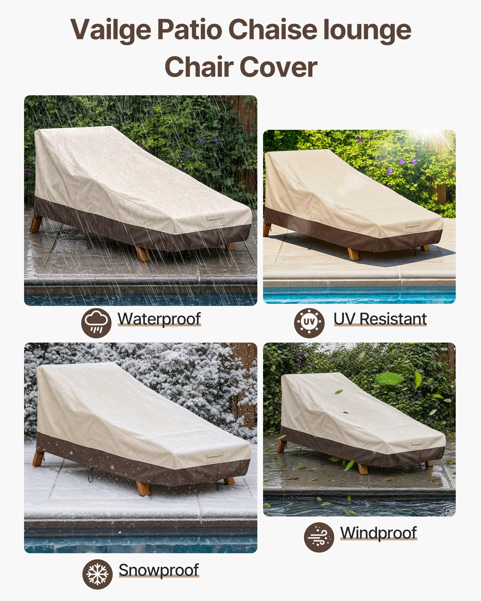 Vailge Copertura impermeabile per chaise longue da patio, 600D, resistente ai raggi UV, 2 pezzi, colore: beige e marrone