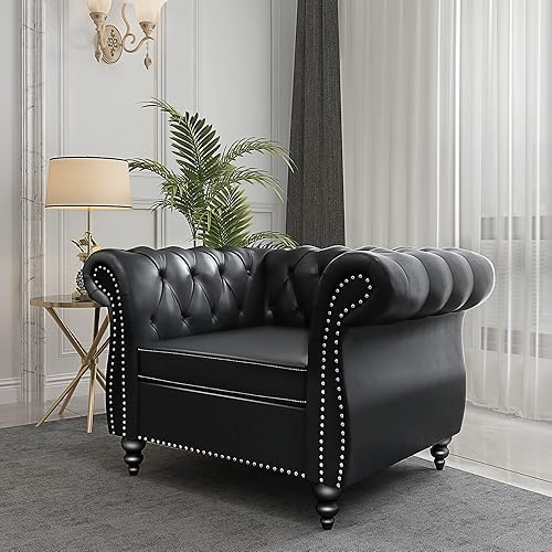 QHITTY Accent Chair, Chesterfield Chair Modern Leather Upholstered Chair with Tufted Back for Living Room Furniture (Black)