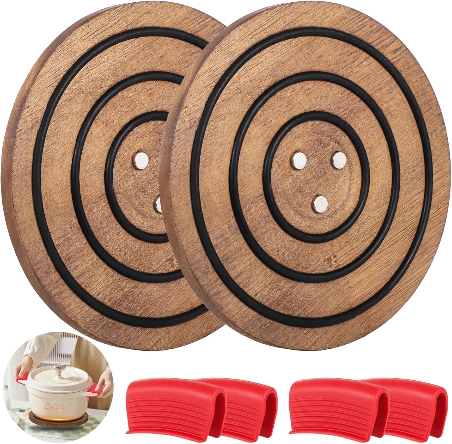 2 Pcs Magnetic Wooden Trivet, 8? Round Acacia Wood with Black Silicone Rings Heat Resistant Pot Holder Stand Pad with 4 Silicone Pan Holders for Hot Dutch Ovens&Cast Iron Skillets