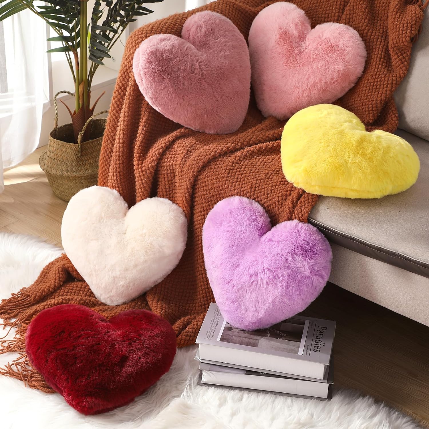 Liliful 6 Pcs Faux Rabbit Fur Heart Pillow Fluffy Heart Throw Pillows Cute Couch