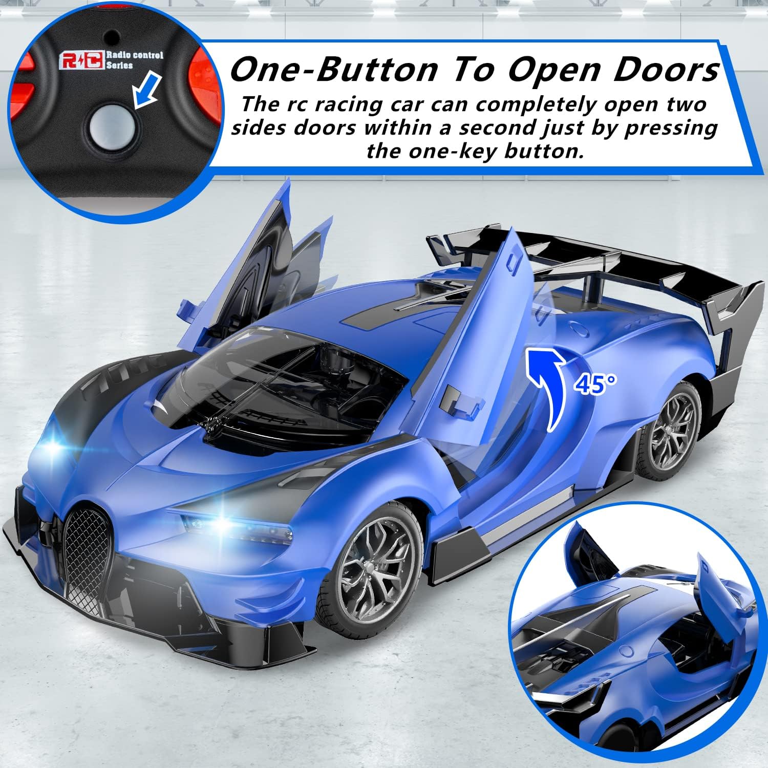 Cusocue Remote Control Car, 1/18 Hobby RC Car Toy, Electric Sport Racing Car with LED Lights Radio Remote Control, Rechargeable Toys for Boys Girls Kids Adults Birthday Xmas Gifts (Blue)