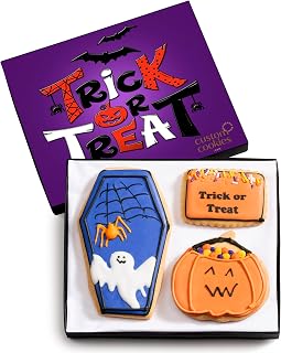 Halloween Cookie Gift Basket, Hand Decorated Vanilla Sugar Cookies Gourmet Dessert Spooky Trick Or Treat Gift Box For Boys Girls Kids Children Adults 3 Count