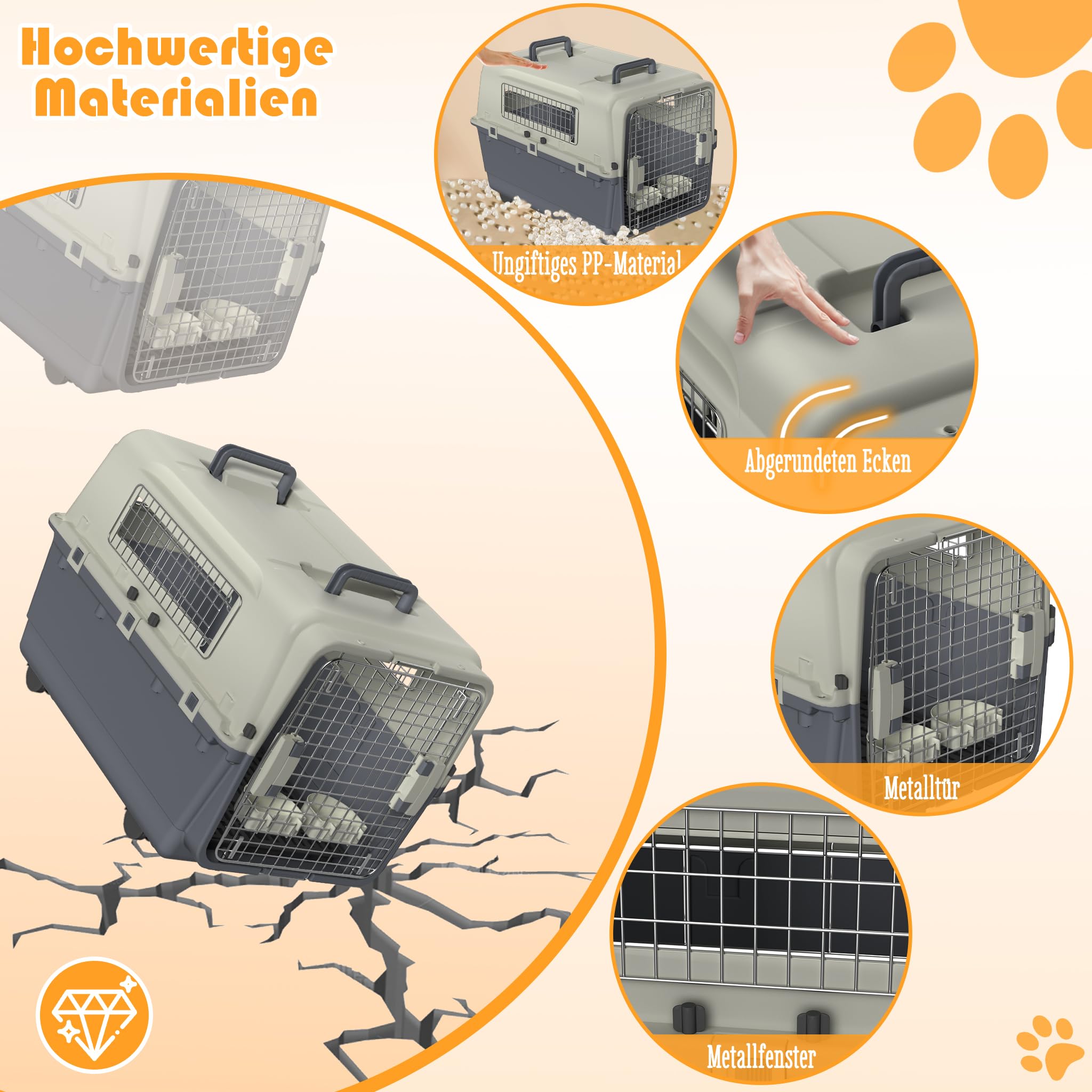 FIVMEN Caja de transporte para perros, 80 x 57 x 70 cm, con ruedas y ventanas de hierro, puertas, transportador de animales, avión, coche, viaje y transporte