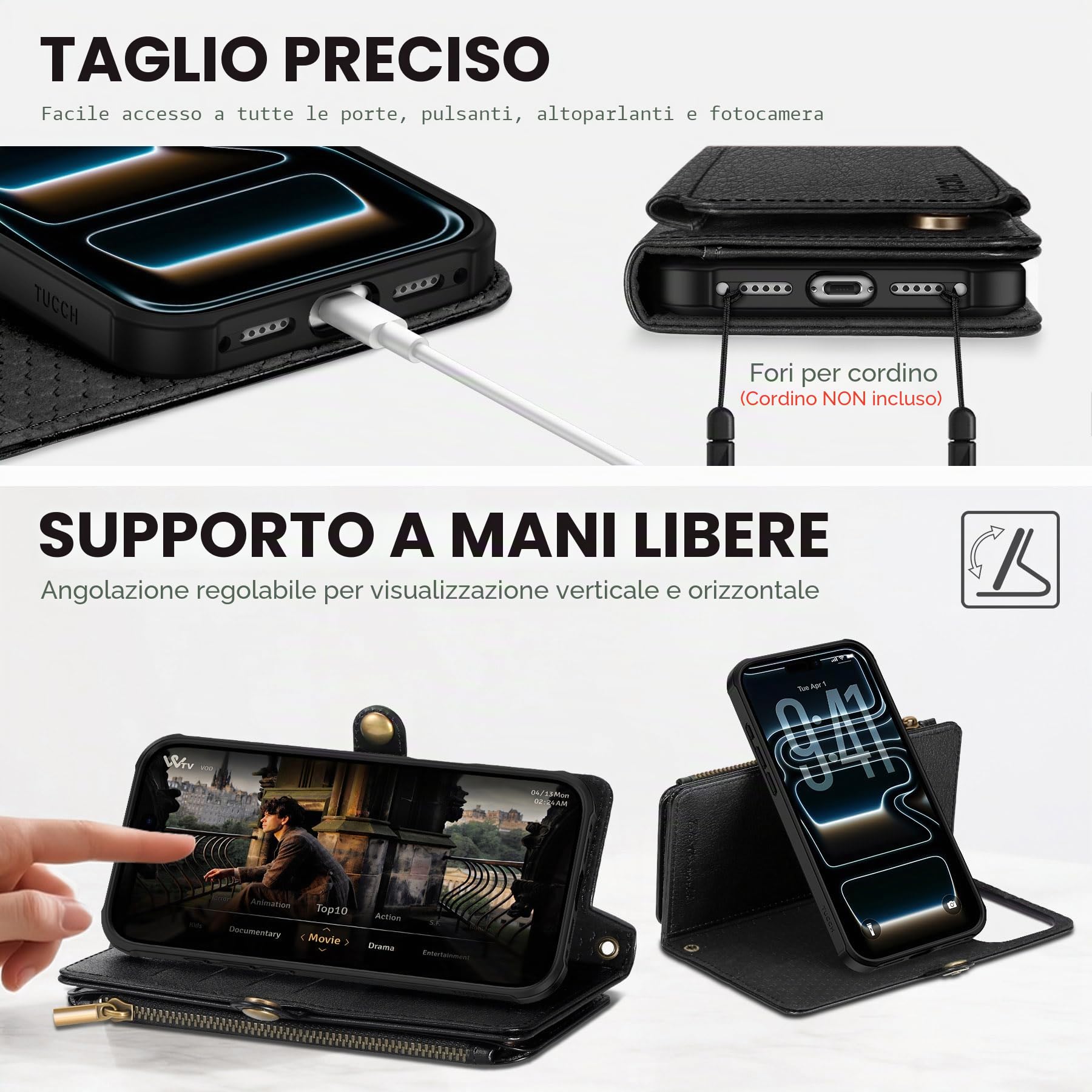 TUCCH Custodia per iPhone 17 Pro Max 6,9" 5G 2025, Nero Testurizzato | Blocco RFID, Portafoglio Pelle Sintetica, 10 Slot Schede, Scomparto Cerniera Tasca Contanti