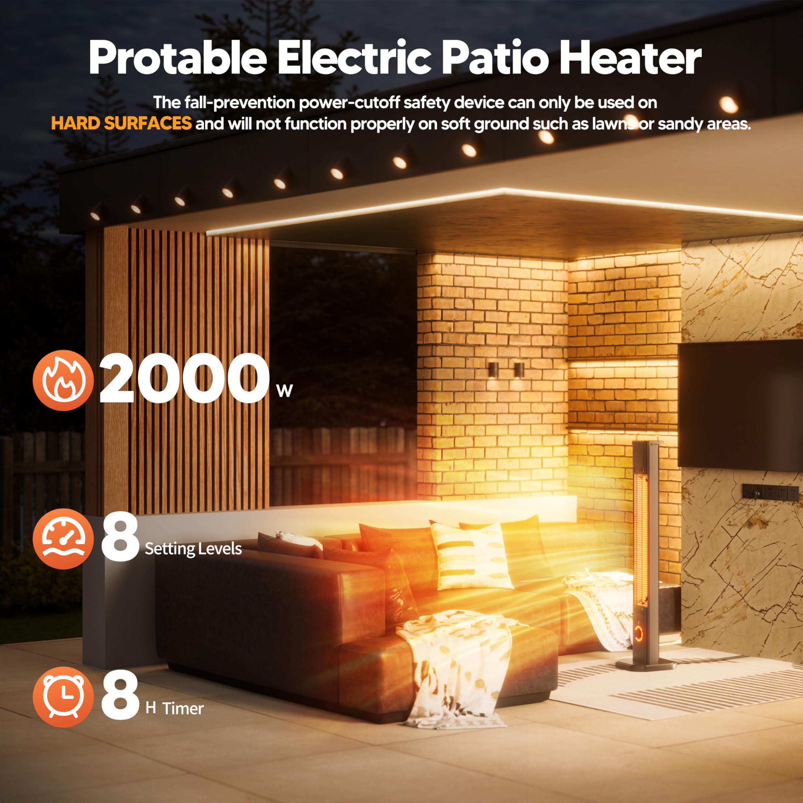 Heizstrahler Terrasse 2000W, Infrarot Standheizstrahler Outdoor mit 8 Heizstufen, 8H Timer, 1s Heizung Kohlenstofffaser-Rohr-Heizung, IP65 Wasserdicht Terrassenstrahler Innen & Außen, Balkon