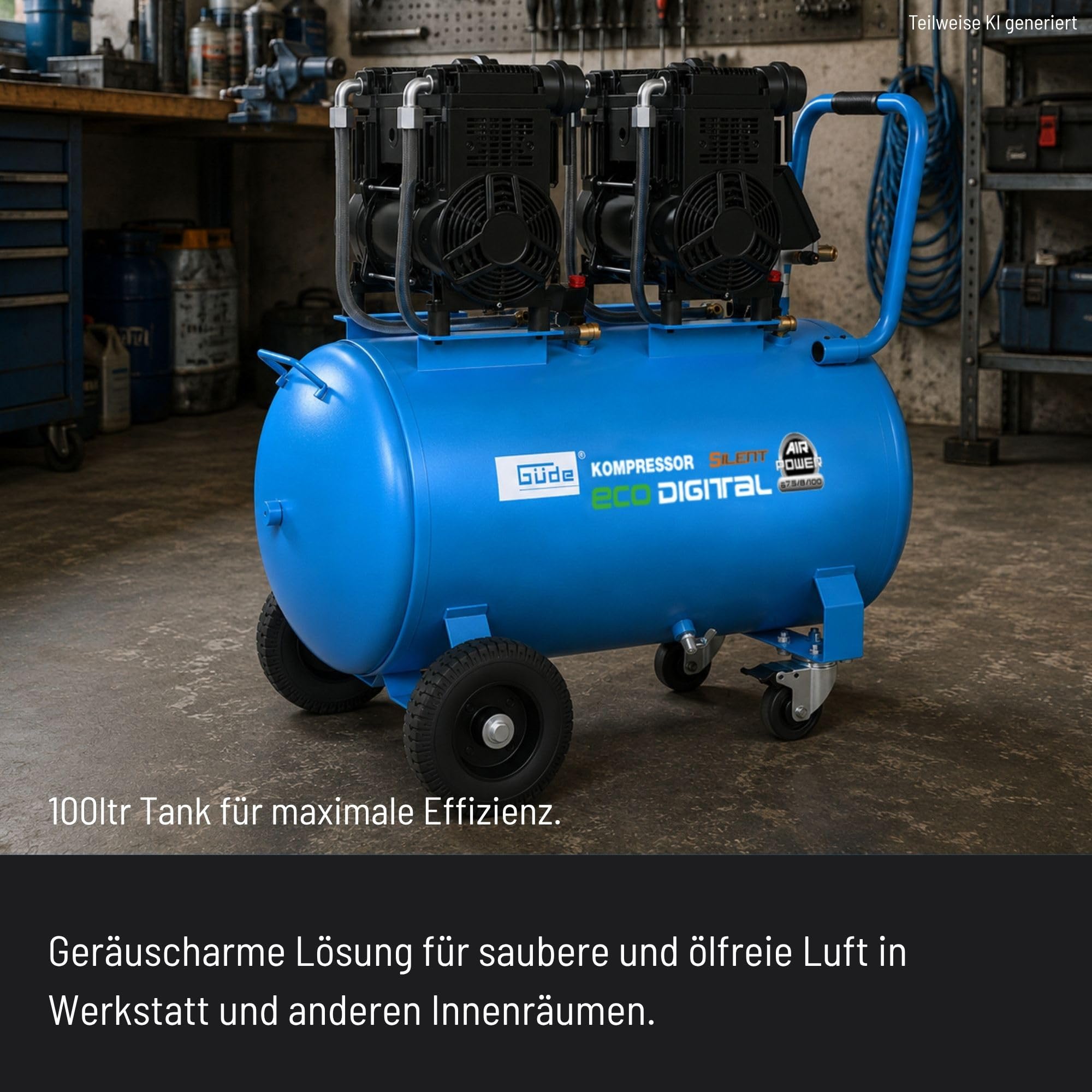 Güde Airpower 675/8/100 ED-SILENT Kompressor - 230 Volt, 100 Liter Kessel, 4,4 Kilowatt, max. Druck 8 bar, eff. Liefermenge bei 0 bar 588 l/min, ölfrei und wartungsfrei, Schalldruckpegel LPA 73 dB