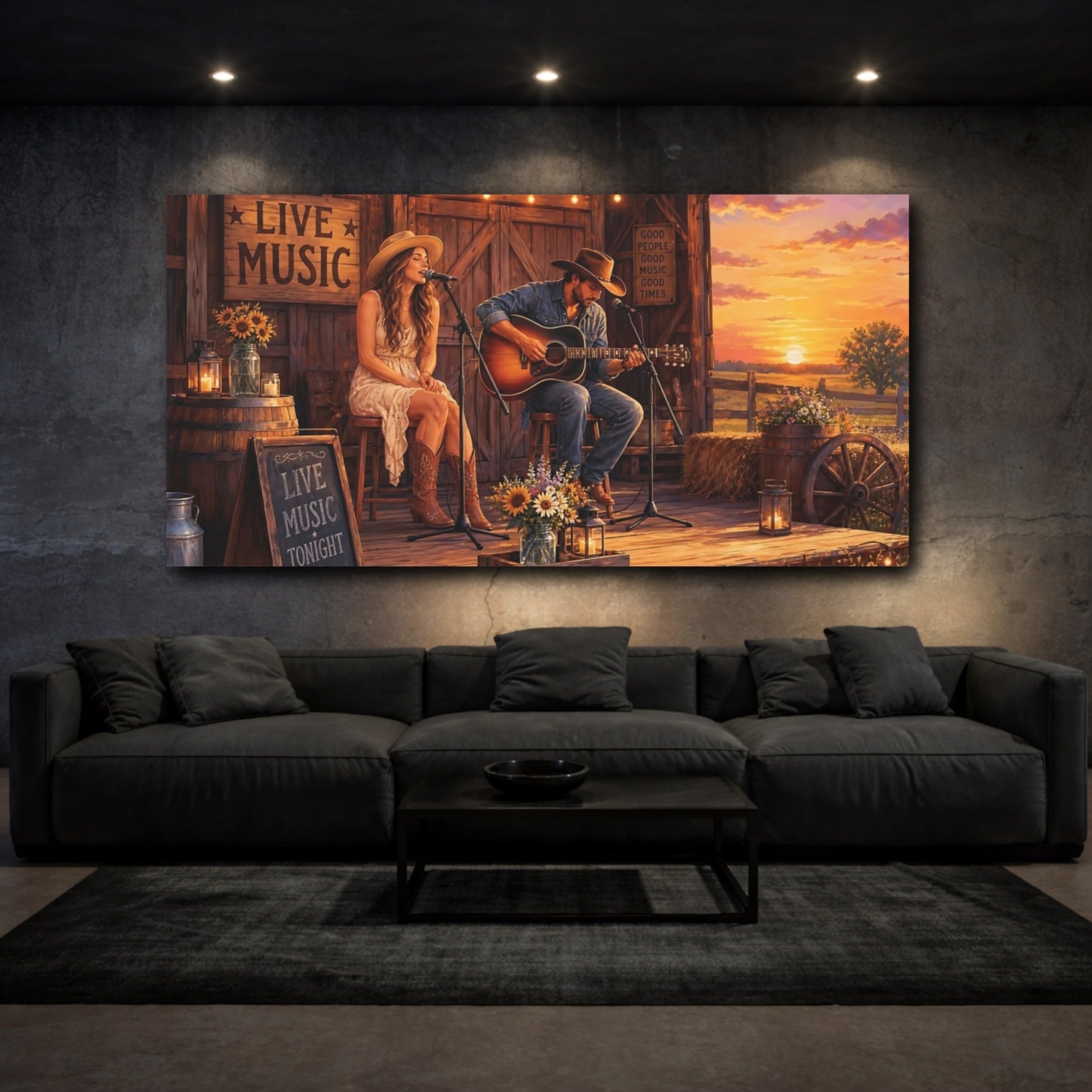 Vintage Live Music Country Sunset Canvas Print – Living Room, Above Console Table, Warm Tones 30×15 inch (75×37 cm) - Horizontal / 1.25 inch (3 cm)