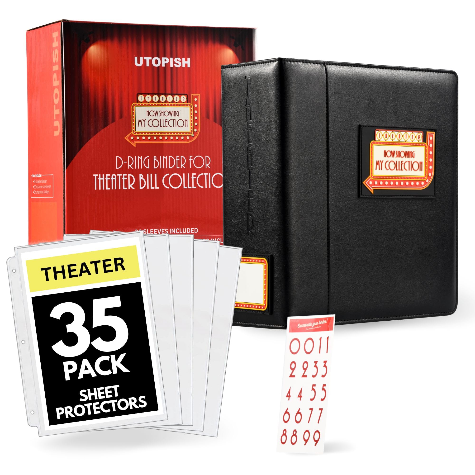 Show-Bill Binder with Sleeves – Large 4” Theater Program Holder with 35 Sheet Protectors and Numbering Stickers Included - Broadway Gift with Full-Color Logo and Numbering Panel