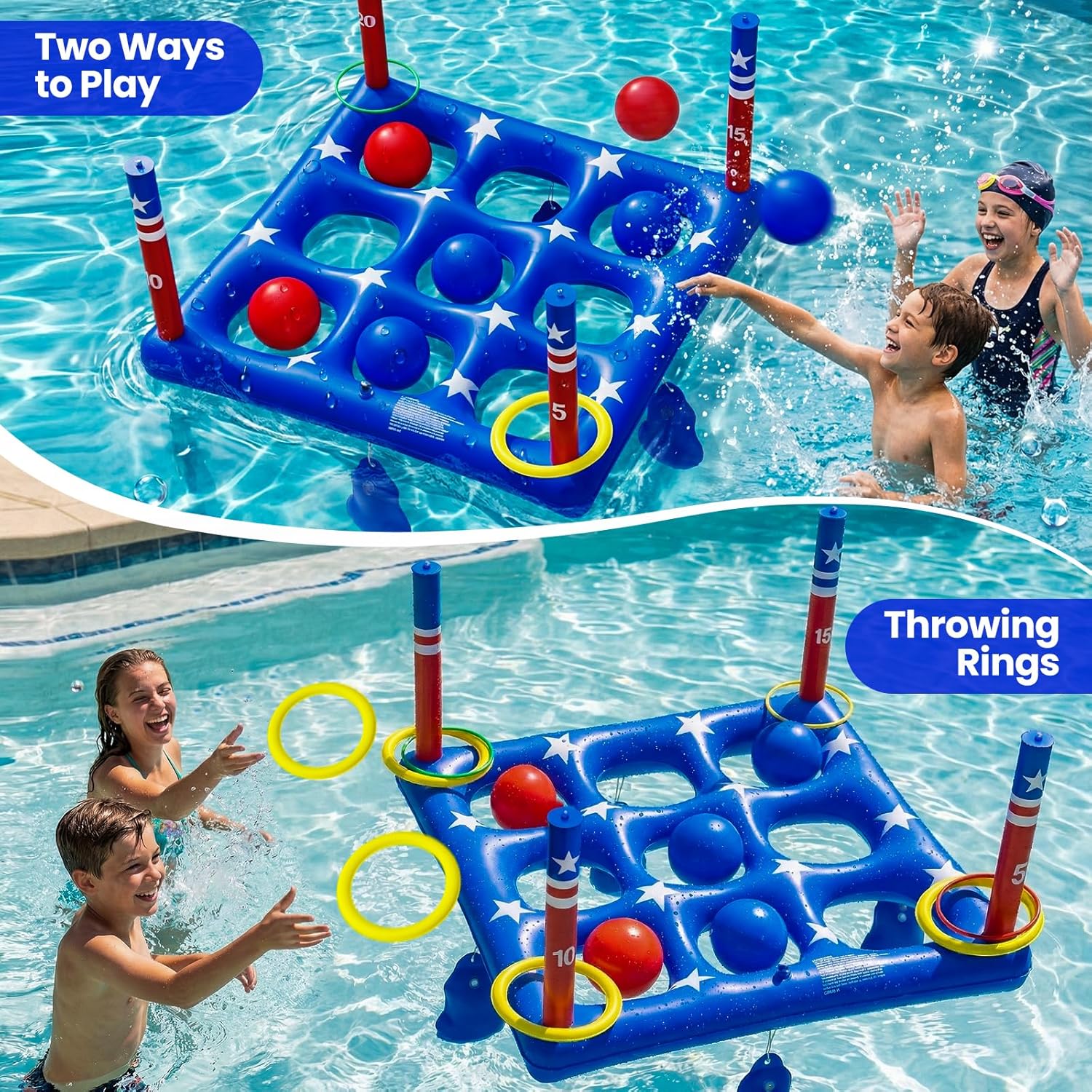 Pool Party Toys Games Set - Giant Inflatable Tic Tac Toe Float Game, Outdoor Pool Games for Adults Kids Family Pool Toys for 2-10 Players, Fun Swimming Beach Yard Activities with 10 Balls for Ages 6+