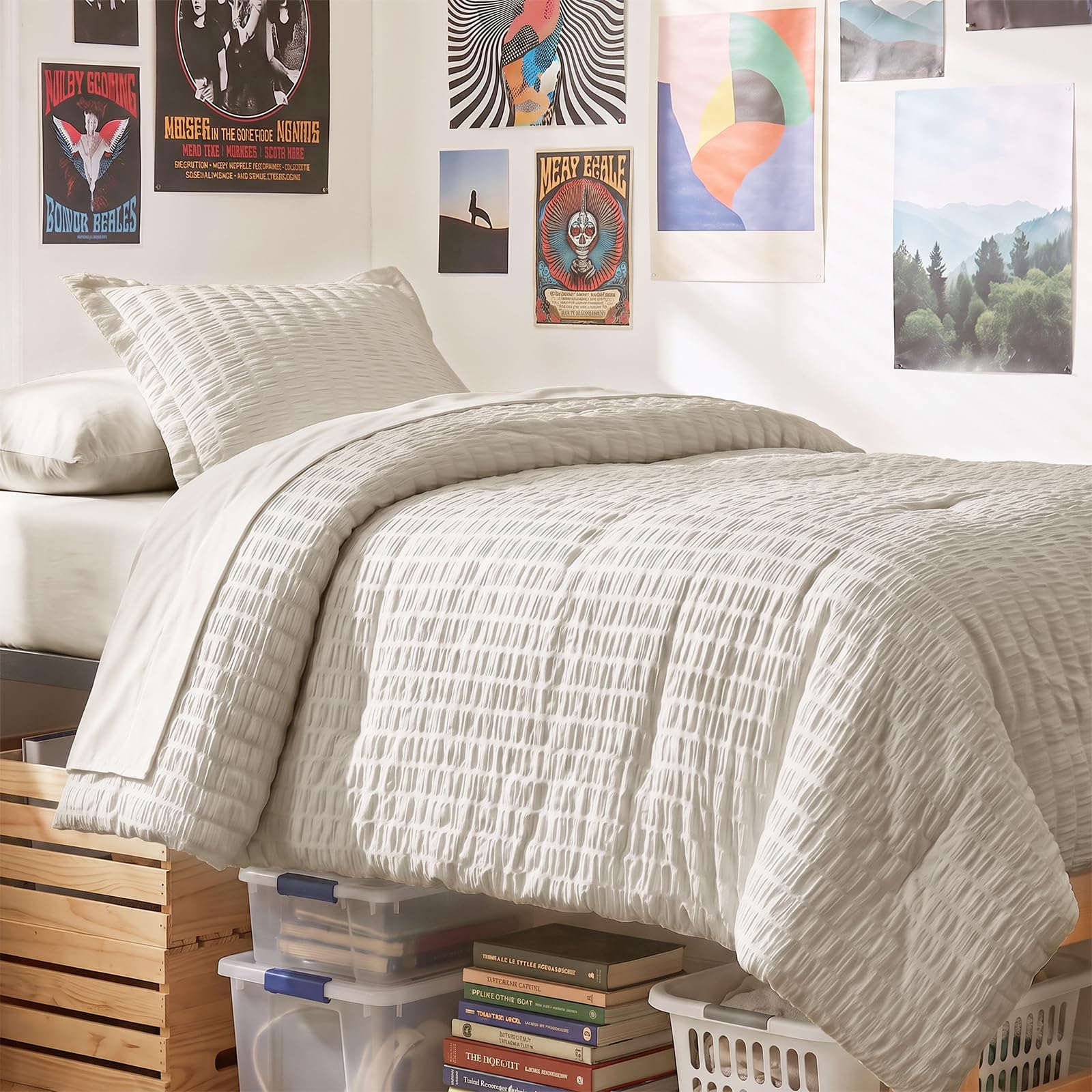 CozyLux Twin XL Comforter Set, 5 Pieces Beige Seersucker Bed in a Bag