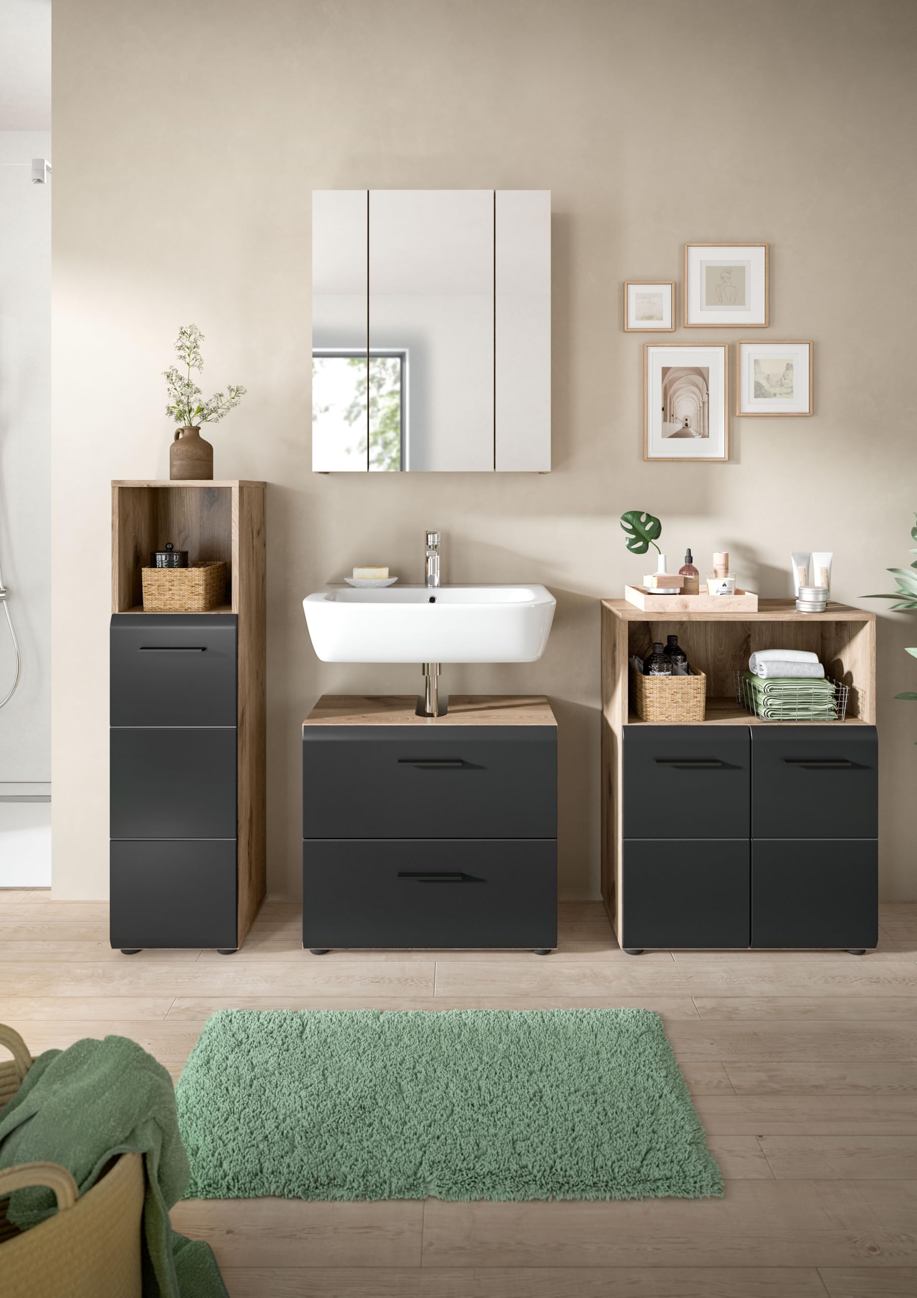 xonox.home – 4 TLG. Badkombination Ice 180x185x30 cm in Korpus Nox Oak Nachbildung und Front schwarz matt – Moderne Badezimmermöbel Kombination – stilvoll – Bild 6