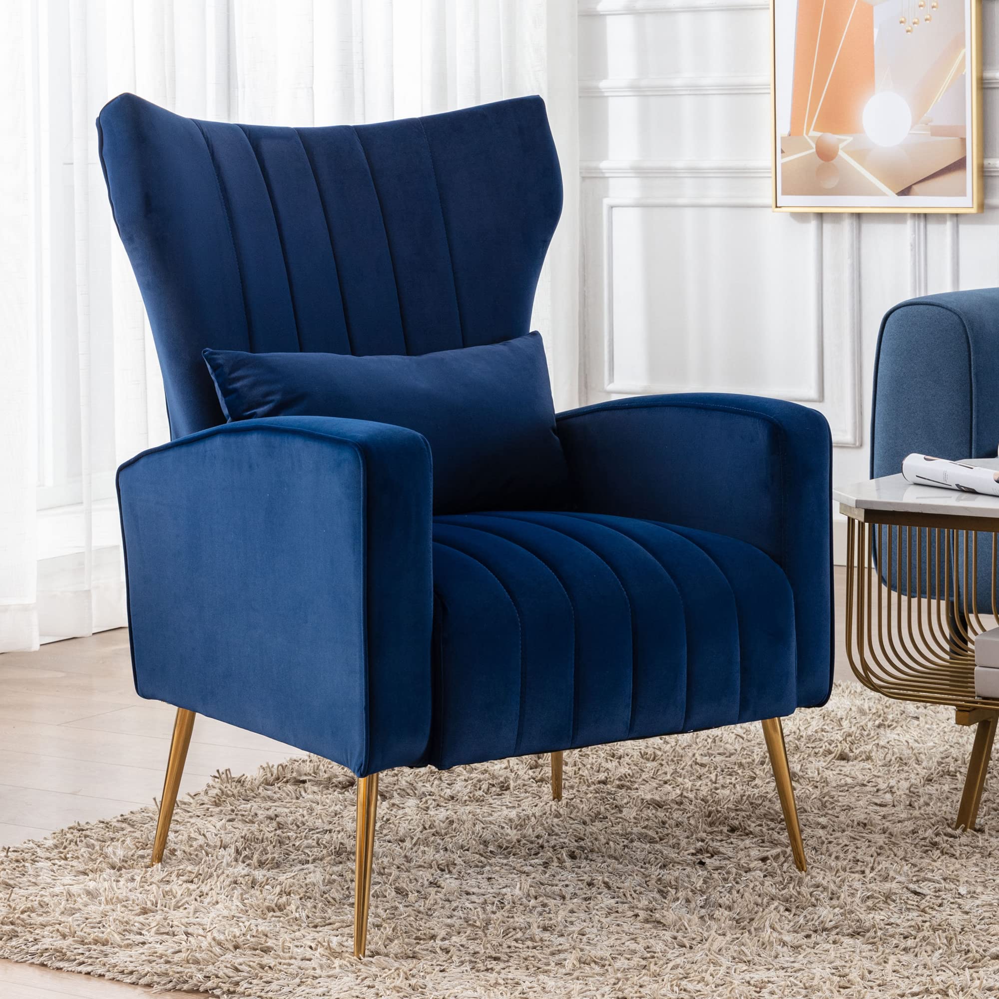 Wingback Chair Blue Velvet Bedroom Chair Wooden Bazar Cozy Chairs - Main Image
