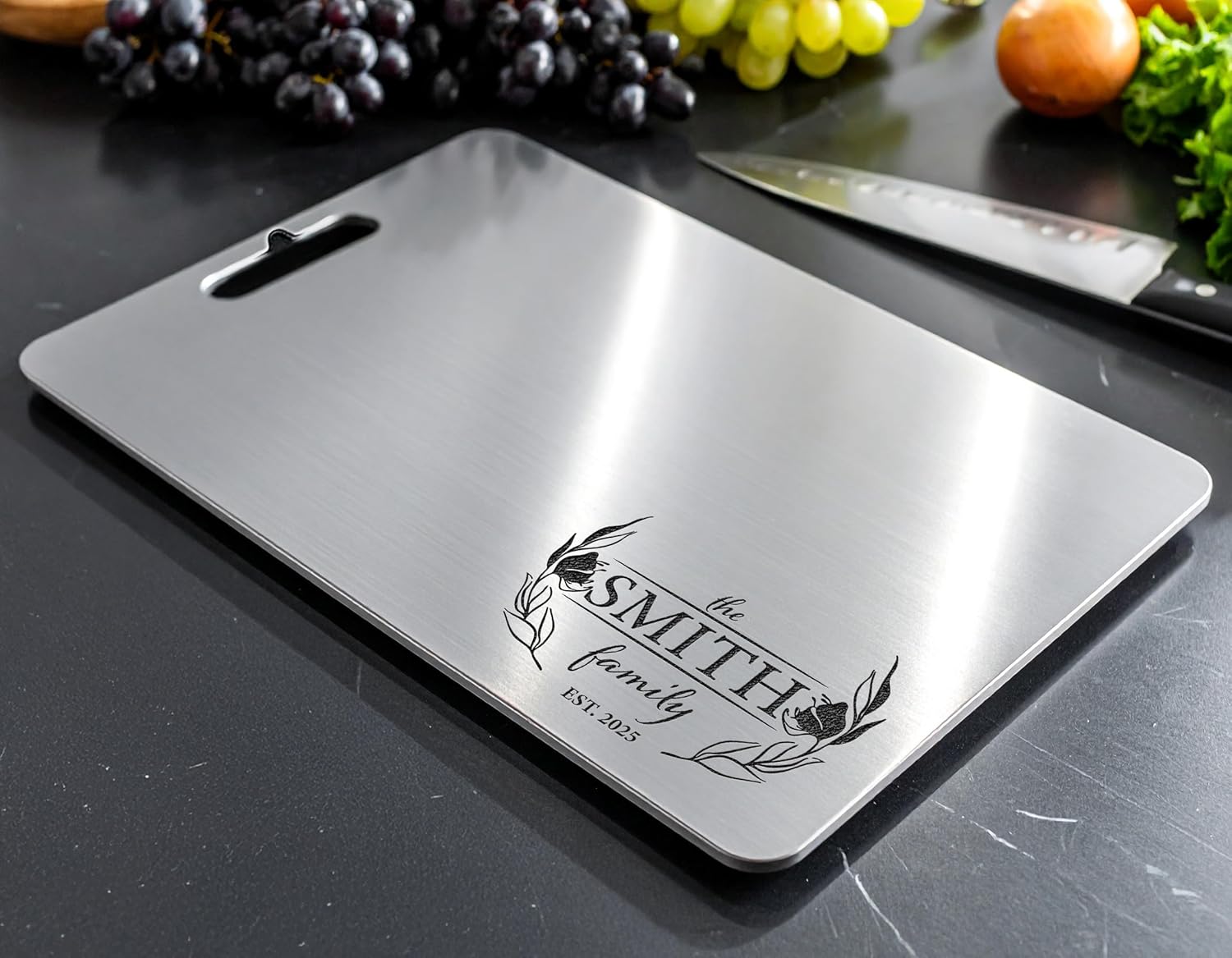 Personalized Titanium Cutting Board, Custom Engraved Name, Cutting Board for Kitchen, Premium Stainless Steel & Titanium Chopping Board for Couple, Wedding, Anniversary, Housewarming, Mothers Day Gift
