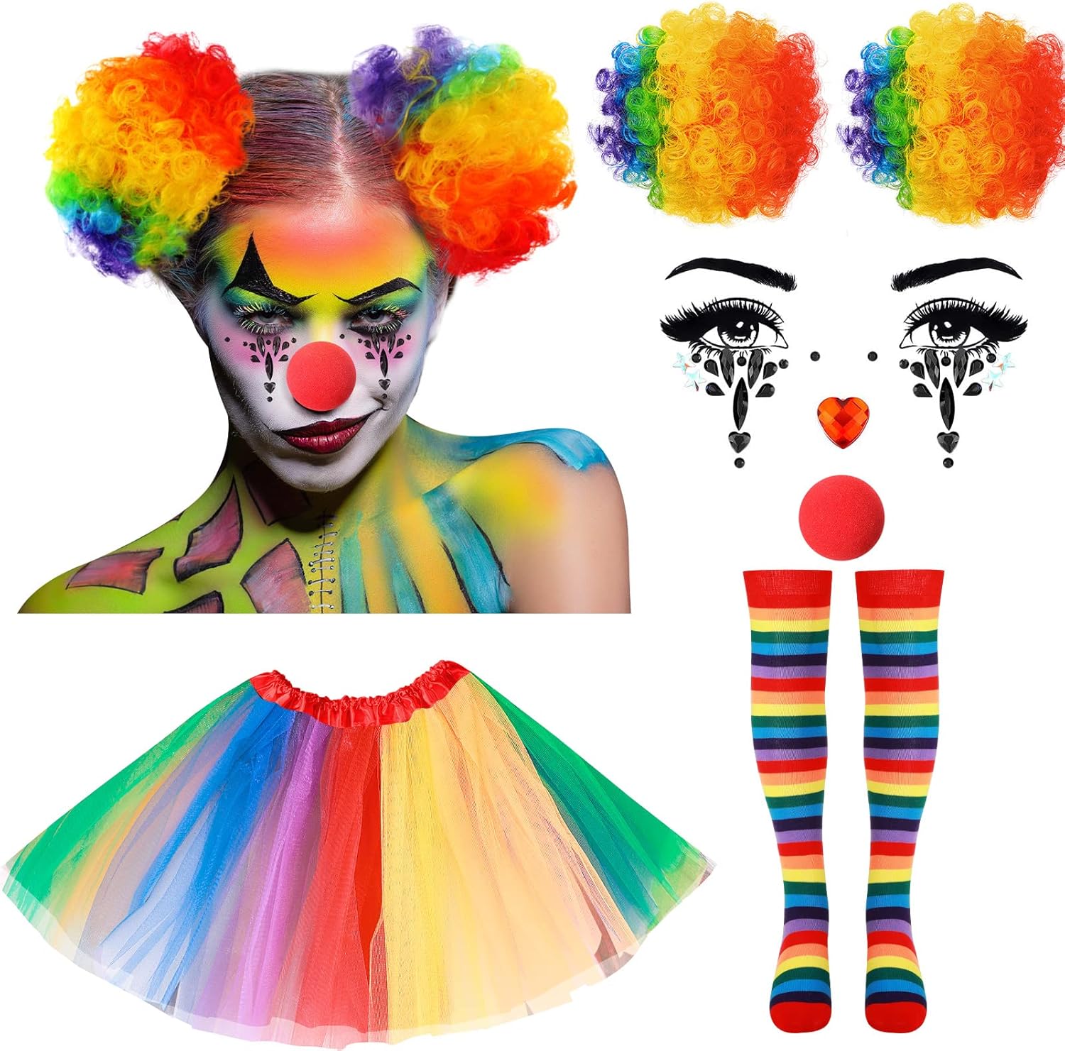 Hicarer 6 Pcs Scary Clown Costume for Women Clown Wig Tutu Skirt Striped Socks Face Gems Red Nose for Carnival Accessories