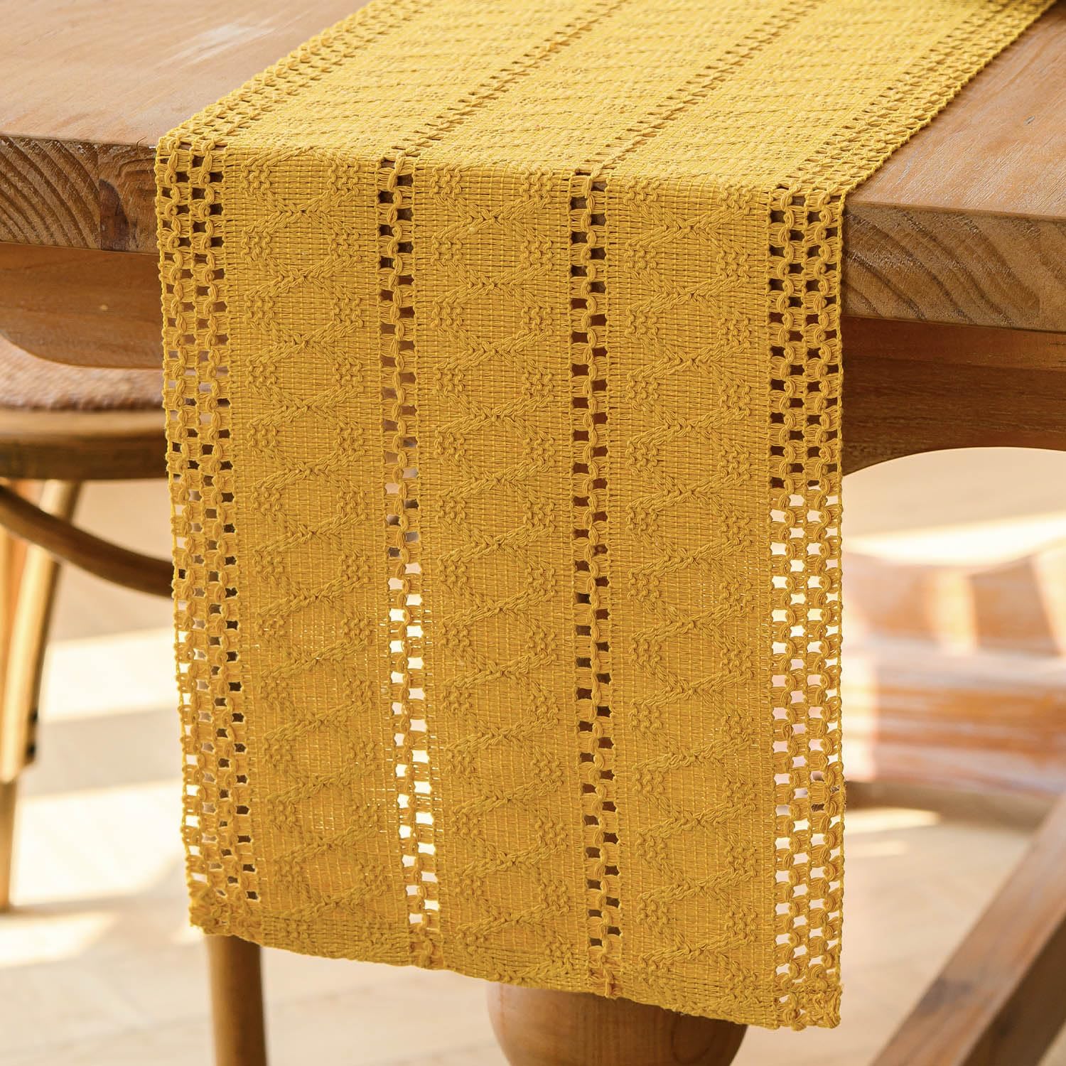 DÉCOCO 9.5 X 118 Beige Macrame Table Runner Rectangular Crochet Lace Elegant Hollow Mesh Tablecloth For Rustic Boho Wedding Decor Bridal Baby Show