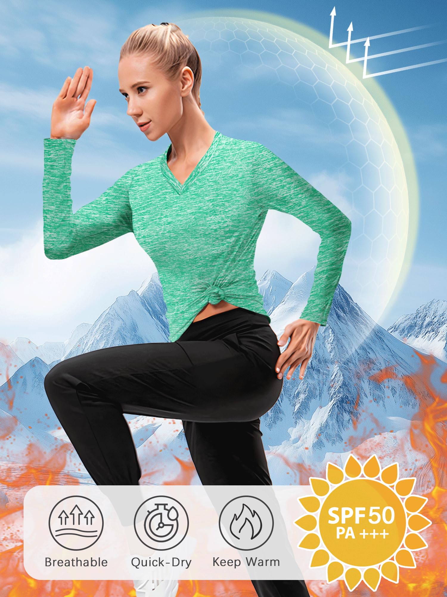 Sportshirt Damen Kurzarm V-Ausschnitt UPF 50+ Sport Fitness T-Shirts Atmungsaktiv T-Shirt Laufshirt für Funktionsshirt Workout Top Gym Yoga