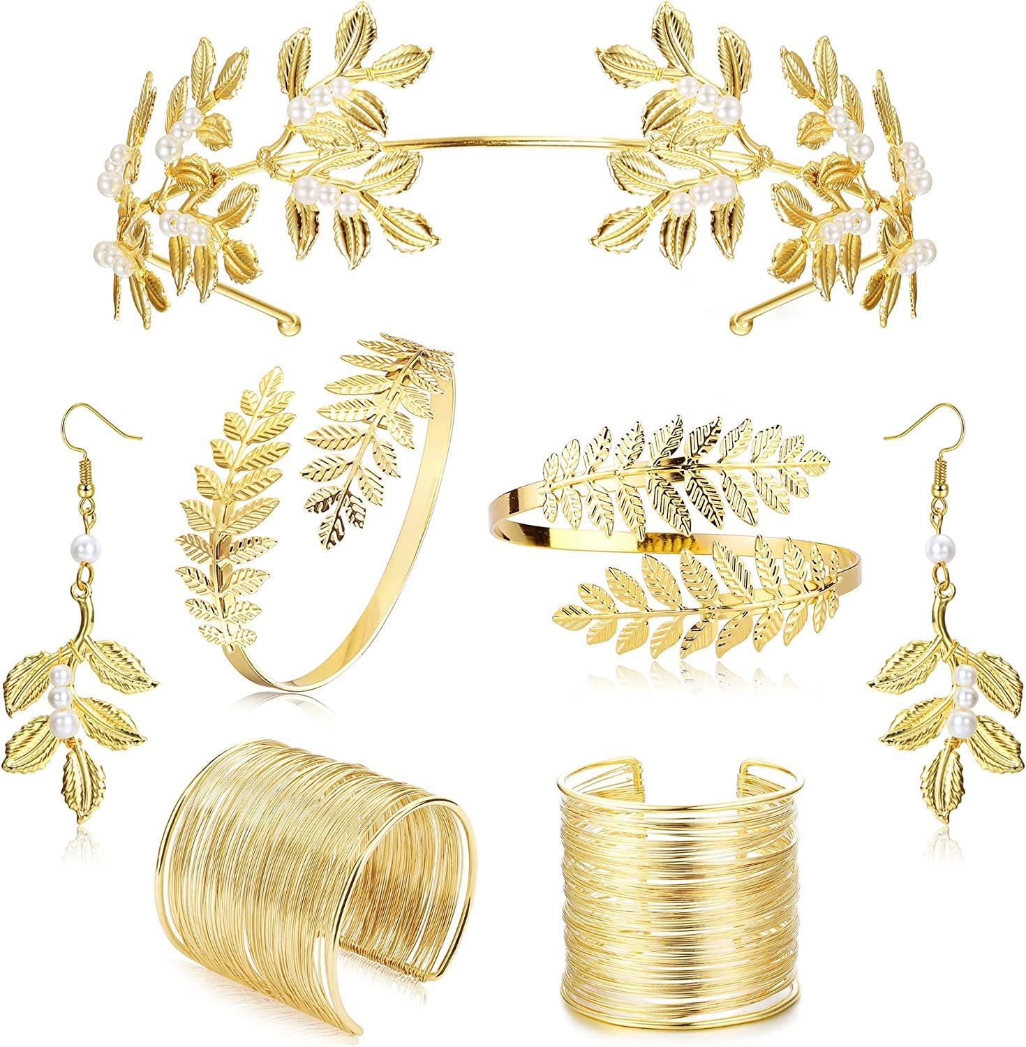 Adramata 7 Piezas Juego de Diosa Griega Accesorios para Mujer, Dorado Hojas de Laurel Corona, Brazalete Dorado, Oro Pendientes de Perlas, Joyas de Boda Nupcial, Joyería de Fiesta de Halloween