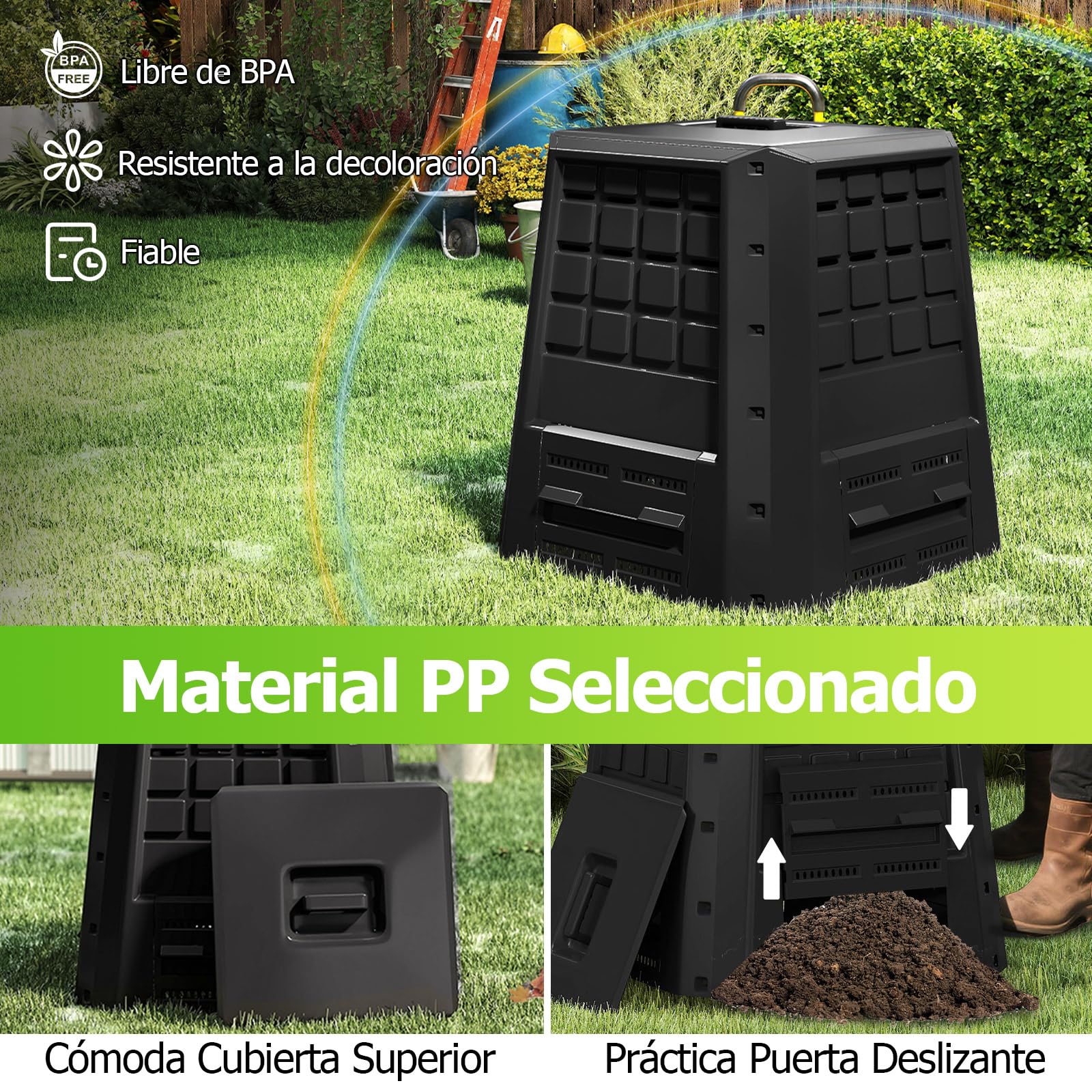 GOPLUS Compostador de Jardín de 380 L con Ventilación | Cubo de Compost Exterior con Tapa y Puerta, Compostera de PP Resistente a la Intemperie para Residuos Orgánicos