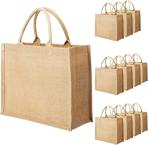 Segarty Bolsas de mano, paquete de 12 bolsas grandes de arpillera reutilizables de lona de yute para regalos con asas, bolsa en blanco a granel para