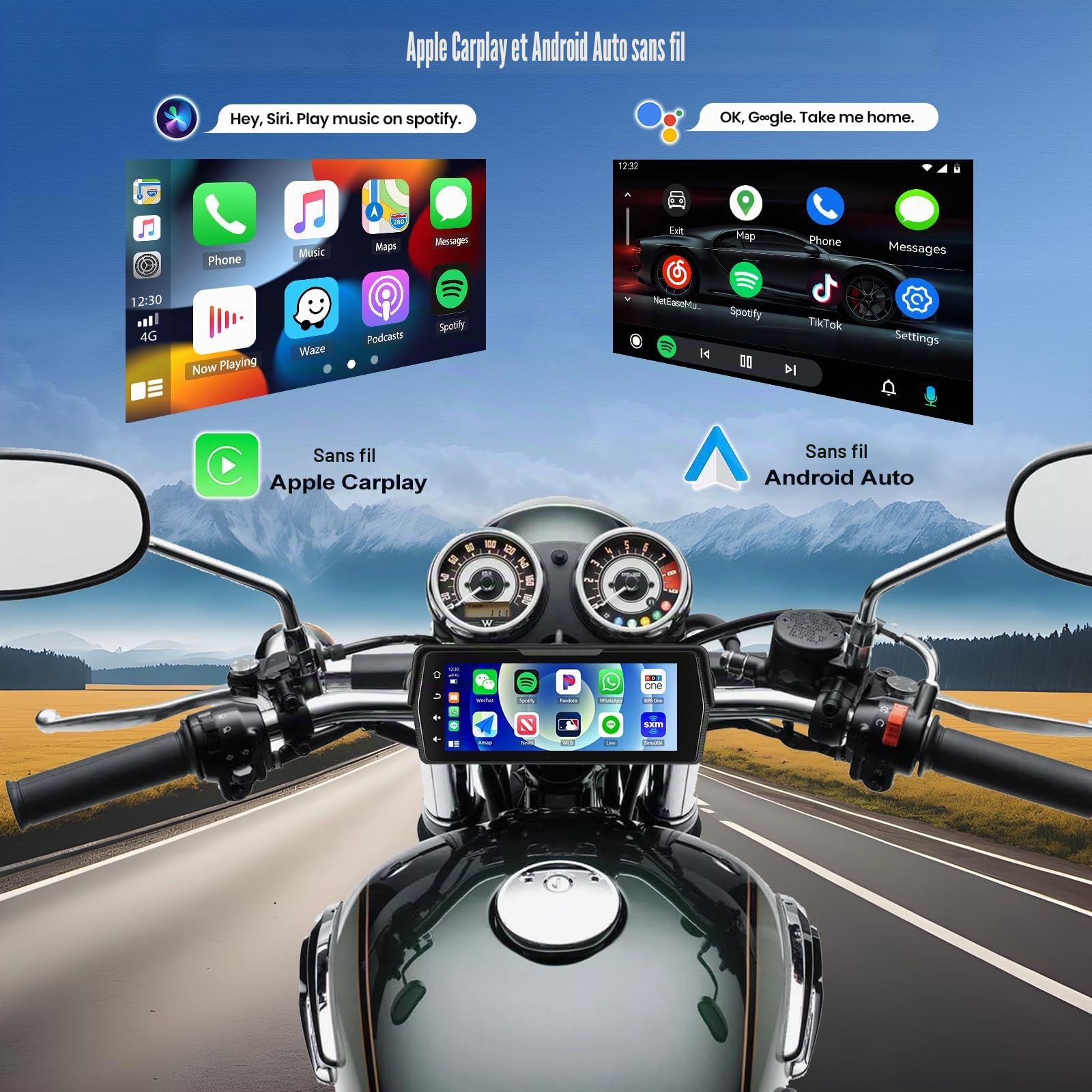【2025 Nouveau】 CAMECHO Écran sans Fil Carplay Moto 6.86 Pouces avec caméra arrière AHD × 2, navigateur de Voiture avec CarPlay sans Fil Android Auto Lien Miroir Bluetooth IP67 étanche 12V