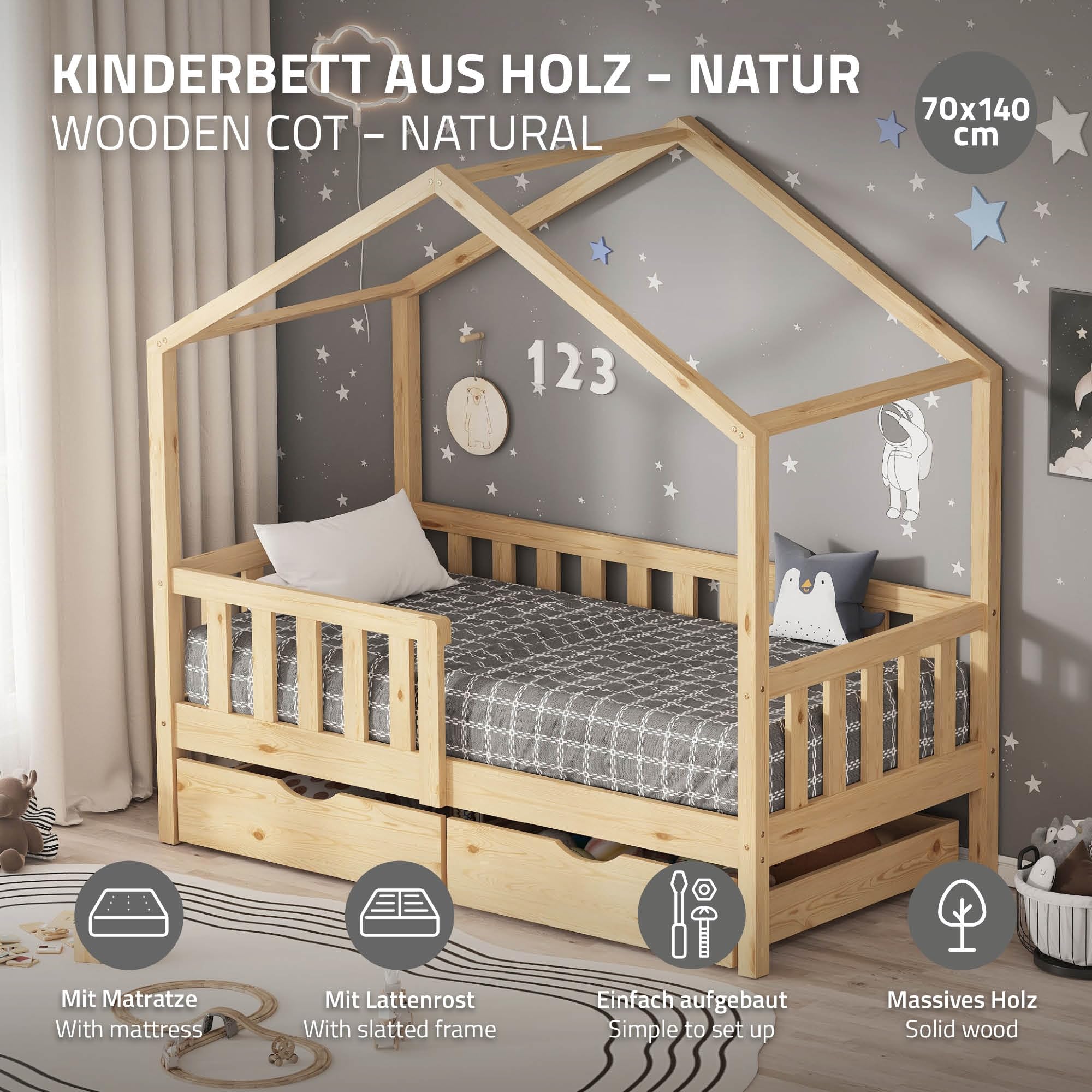 ML-Design Letto a Casetta per Bambini 70x140 cm in Legno di Pino Naturale con Materasso, Sponde di Sicurezza e 2 Cassetti Contenitore, Lettino Montessori a Pavimento, Giroletto Cameretta