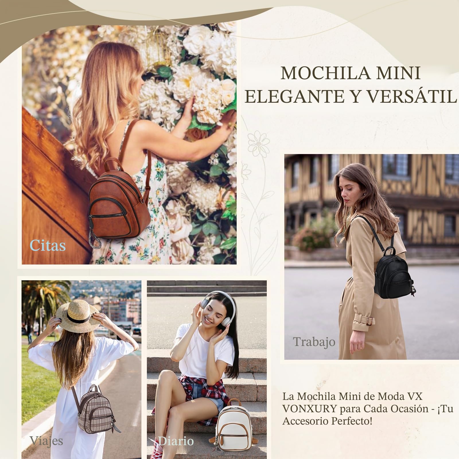 VX VONXURY Mini Mochila de Cuero PU Mochila Mujer con Correa Desmontable Mochila Pequeña Mujer con Bonita Decoración para Diario