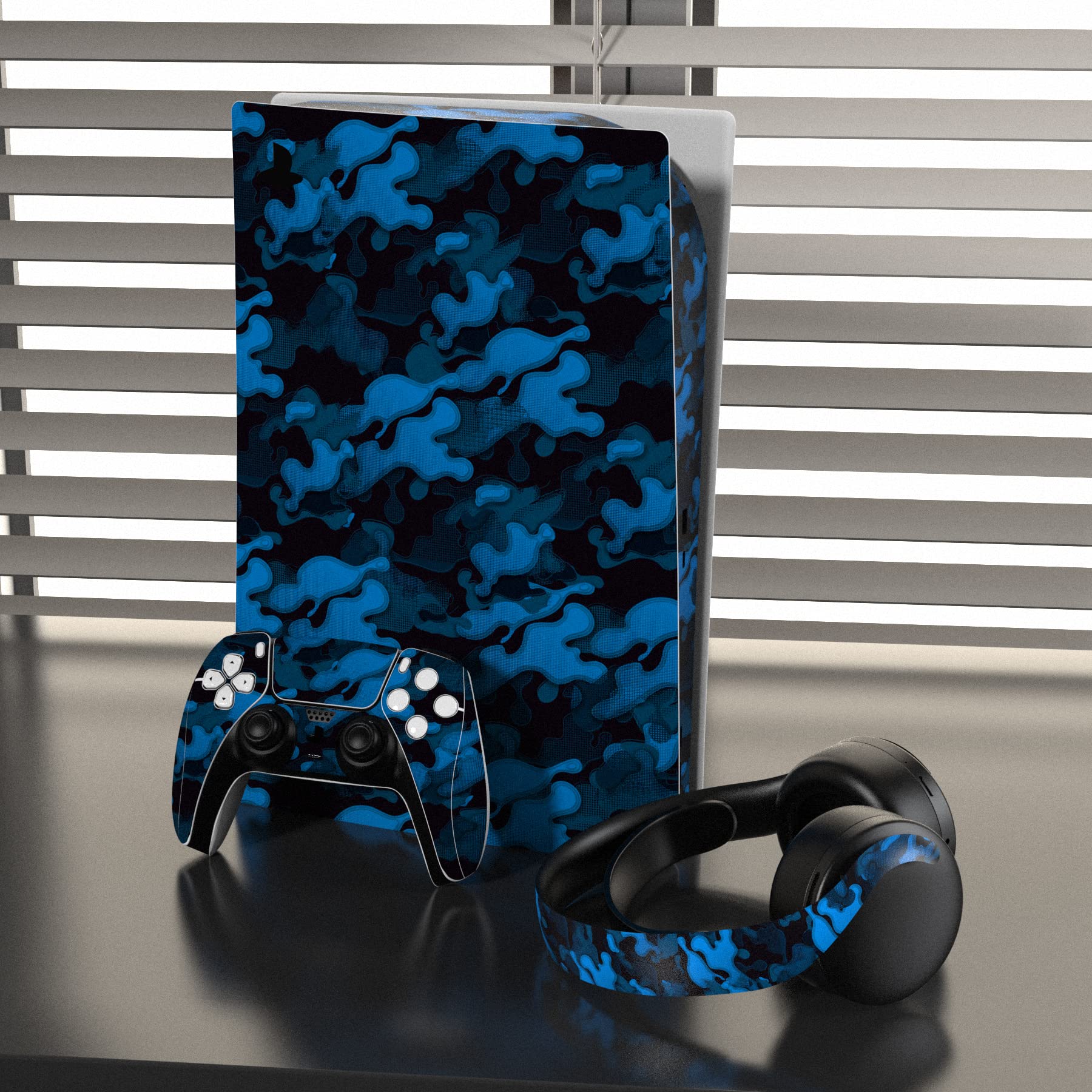 PlayVital Calcomanía Vinilo para ps5 Edición Disc - Pegatina Completa para Consola, Control, Estación de Recarga, Control Remoto y Audífonos, Skins Cubierta Protectora Adhesiva(Camuflaje Azul Negro)