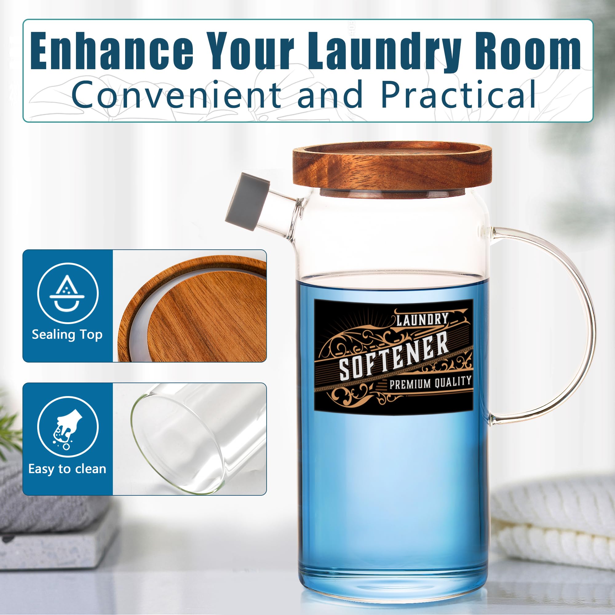 Gizmowonders 32oz Stylish Glass Laundry Detergent Dispenser w/Bamboo Top: Perfect for Laundry Room Organization & Storage of Liquid Detergents, Softeners, Boosters, and Bleach. 4 Vintage Labels.