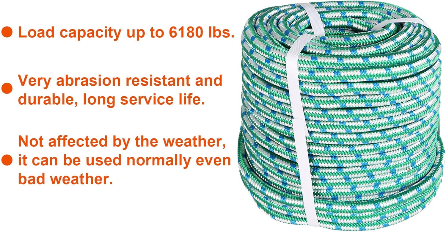 16 Strand Braid Polyester Rope Pulling Rope Arborist Rigging Multipurpose Bull Rigging 1/2 Inch x 150 Feet Green White Blue