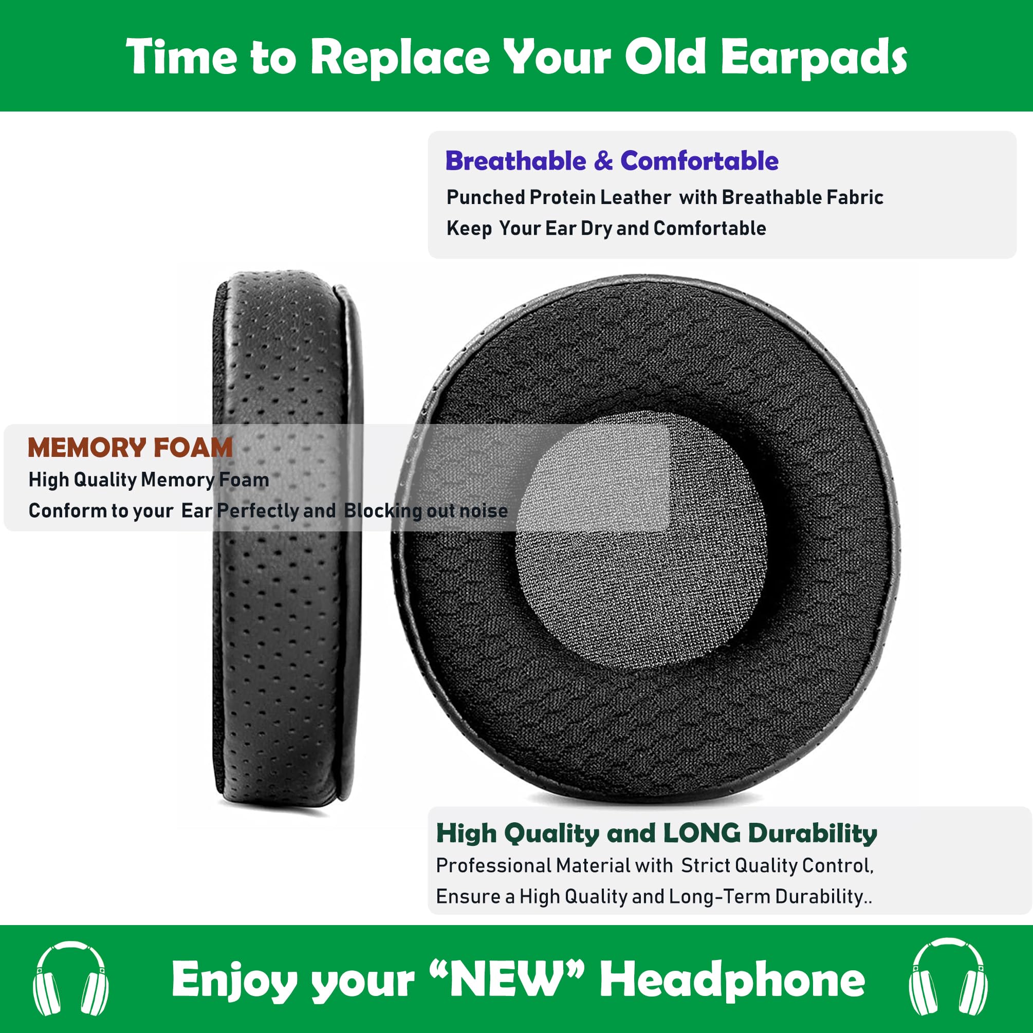ACCOUTA Breathable Replacement Earpads for Sony MDR-V1/2/3/4/5 Headphones, Black, Fabric/Protein Leather with Memory Foam 4