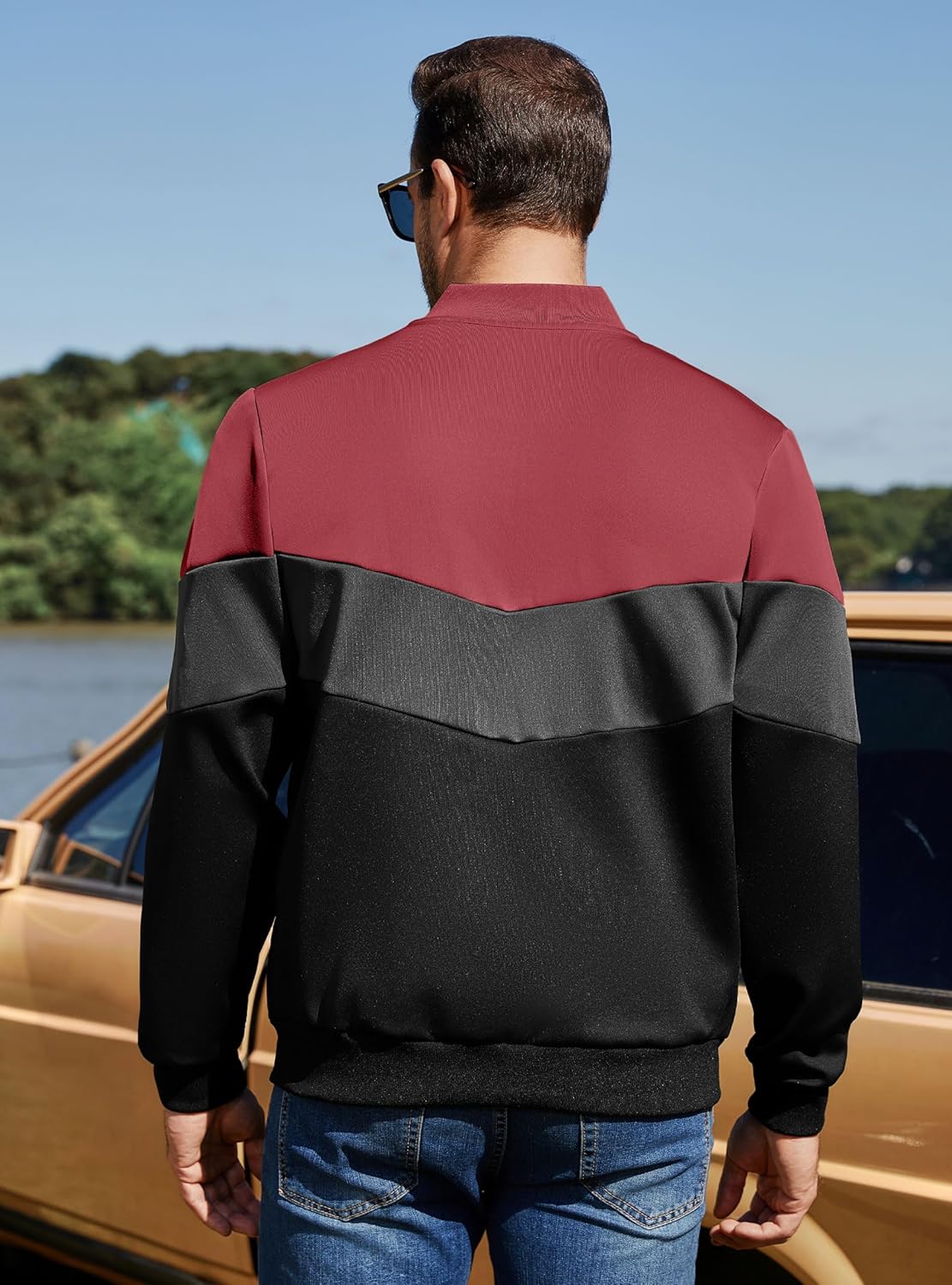 Men's Lightweight Varsity Jacket Casual Bomber Jacket Stylish Color Block Windproof Coat - Image 4