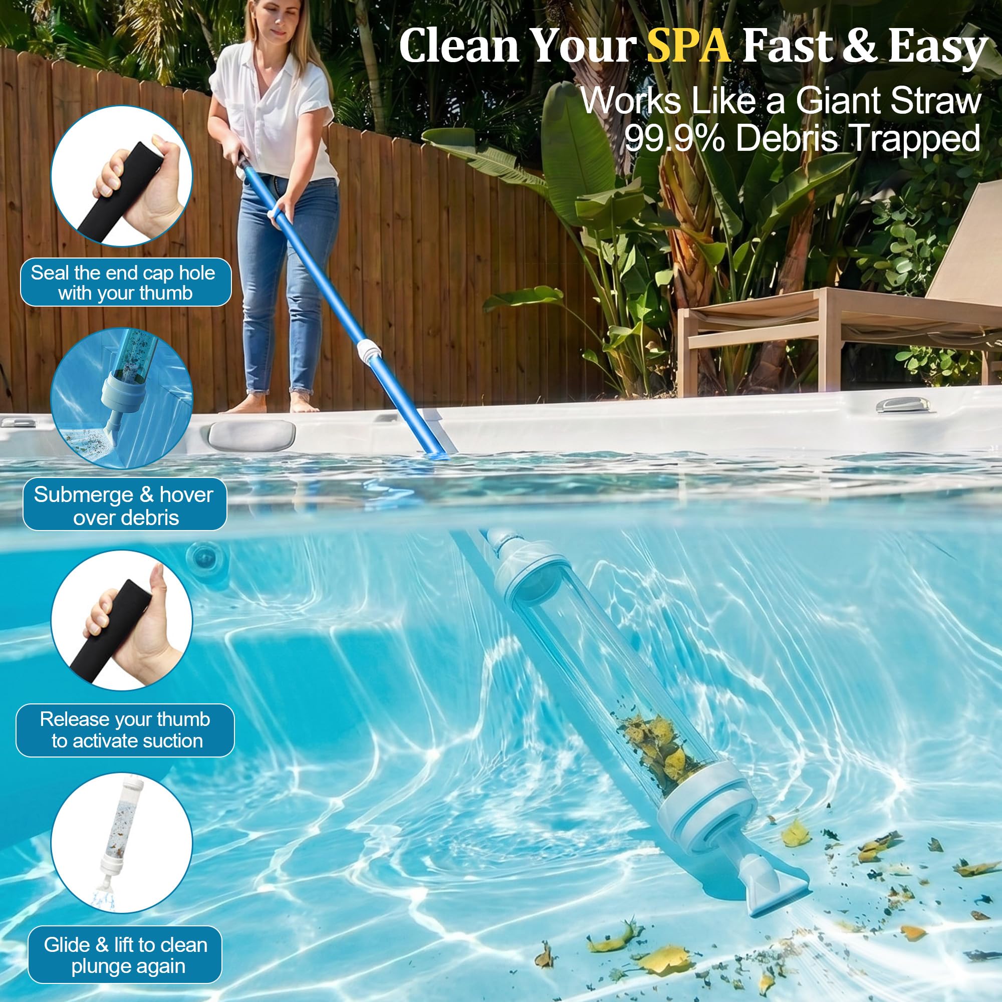 Aspirateur de spa manuel pour jacuzzi, sans pompage, sans piles ni électricité, alimenté par la pression de l'eau, aspirateur aspirateur ramasse les feuilles, le sable et les débris, avec poignée