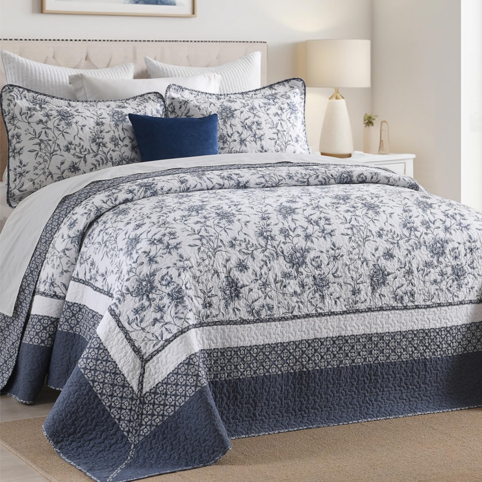 Photo 1 of DDUOXIN Botanical Super Oversized King Bedspread - 128" W x120 L Extra Wide 100% Cotton California Quilt, Lightweight Reversible Oversize Bedspreads with 2 Pillow Shams, Insignia Blue/White