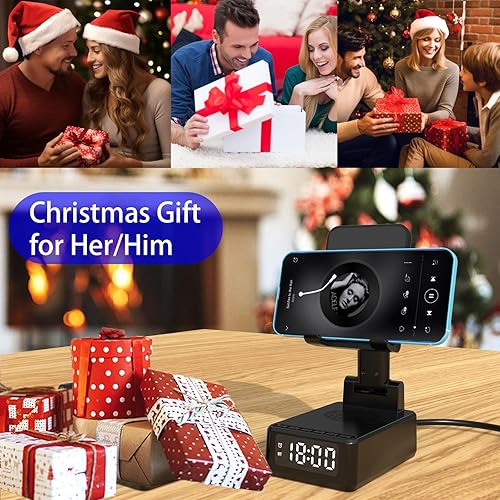 Miniatura 2 de Regalos para hombres y mujeres, soporte para teléfono celular 4 en 1 con altavoz Bluetooth y cargador inalámbrico, reloj despertador para hombres y
