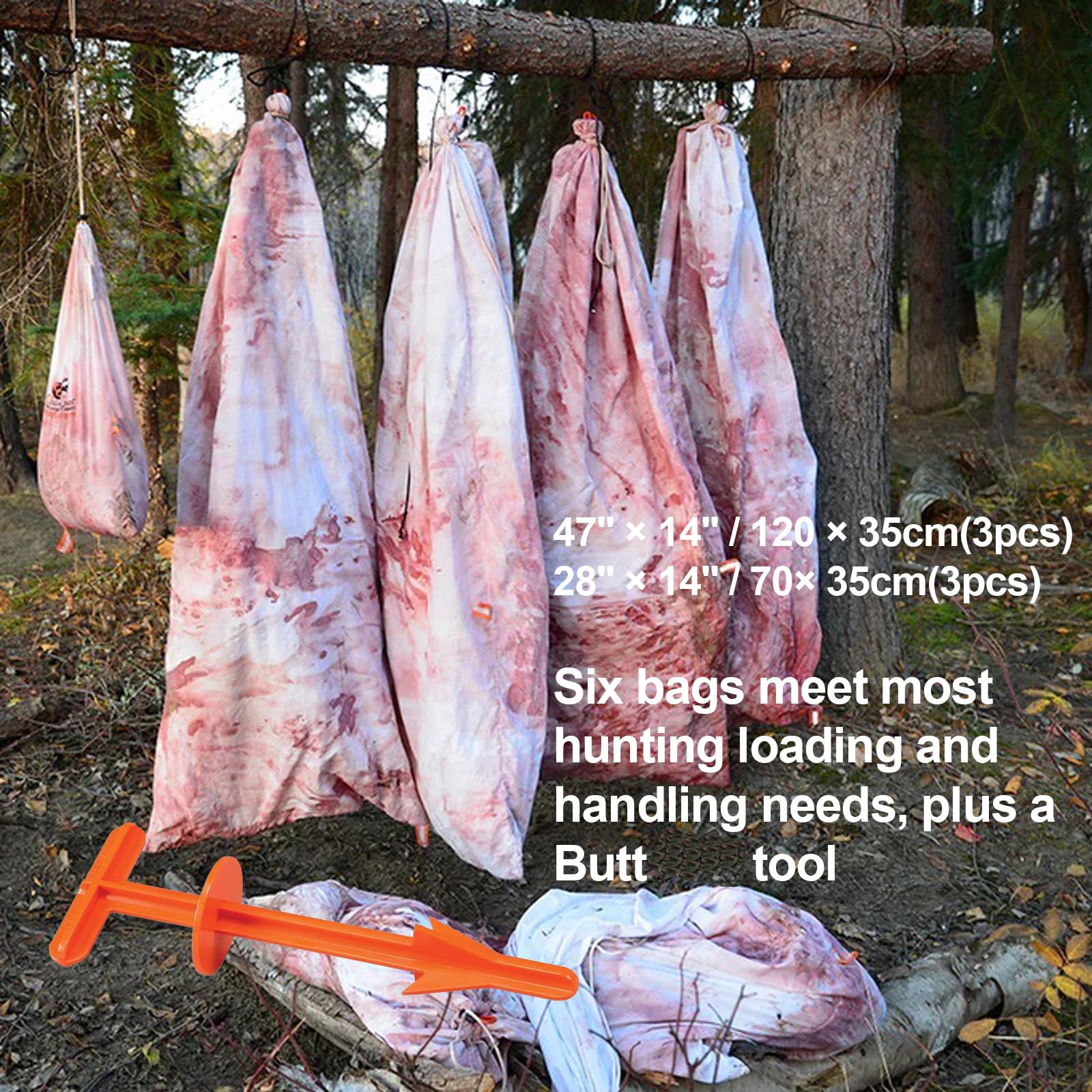 Generico Kit Lavorazione selvaggina Professionale,6 Sacchi traspiranti120×35cm e70×35cm,Sacchi per selvaggina,Riflettenti,Sacchi da Caccia,Strumento Pulizia della selvaggina,Kit Campo,Cinghiale
