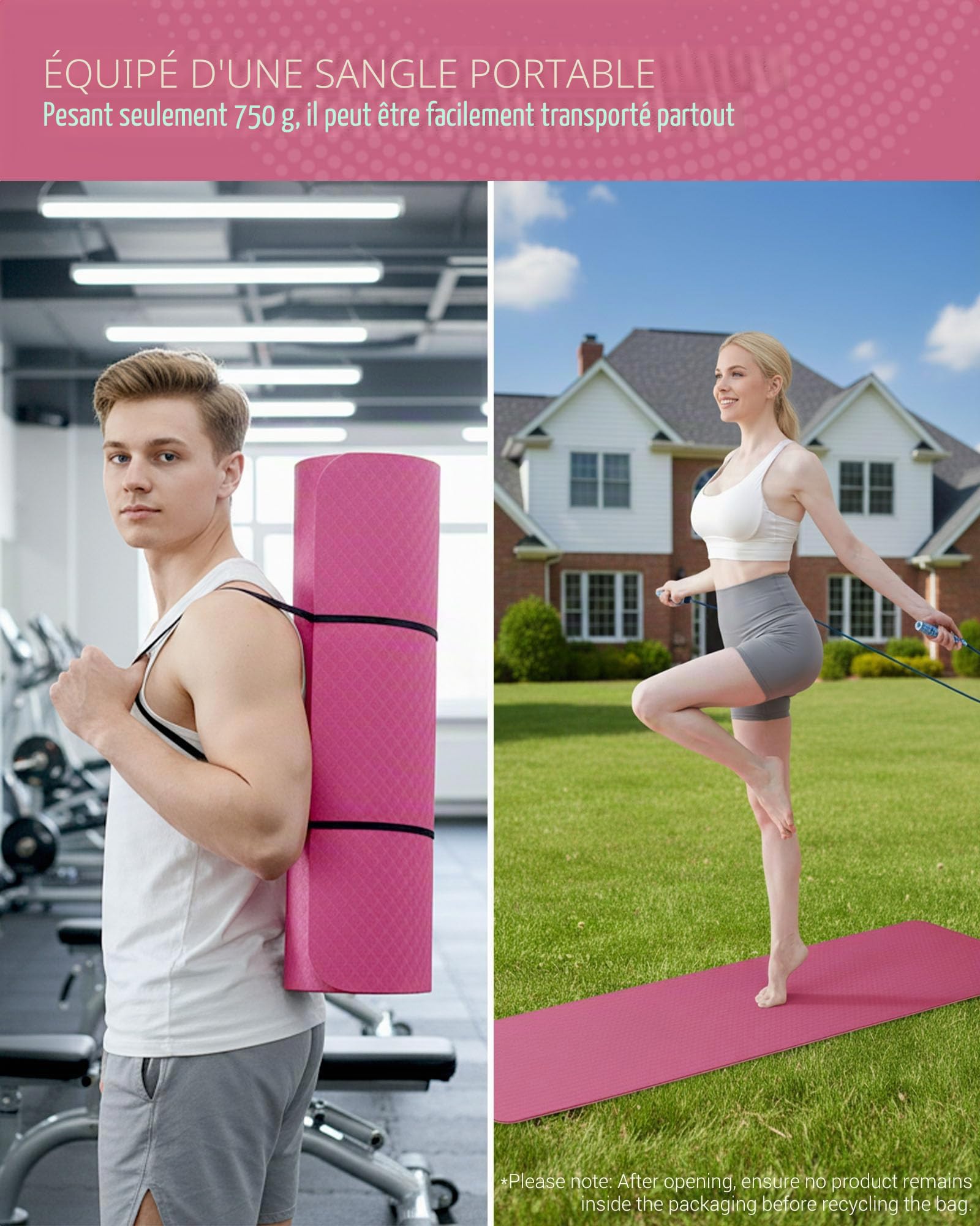 Good Nite Tapis de Yoga Antidérapant Fitness Pilates avec Sangle 183 x 61 x 0,6 cm