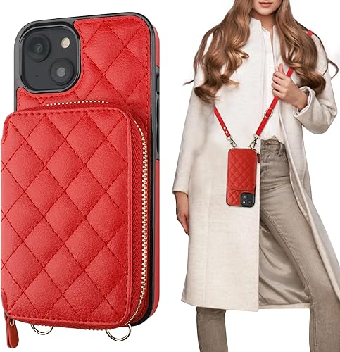 Miniatura 9 de Bocasal Funda tipo cartera cruzada para iPhone 14, con bloqueo RFID, de piel sintética, con cremallera, funda tipo cartera con función atril y
