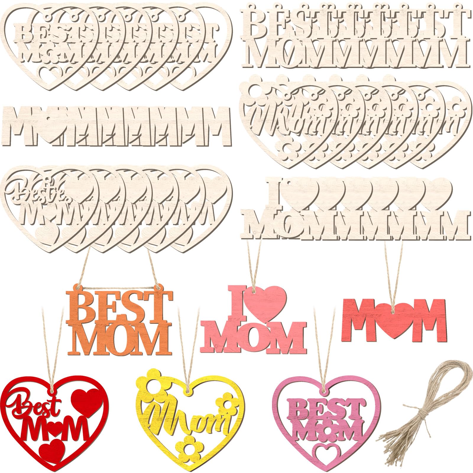 Memorywuu 36 Pcs Mother's Day Wood DIY Crafts Cutouts for Kids Bulk DIY Mom Best Mom Cutout Wooden Slices Gift Unfinished Wood Ornaments for Happy Mother's Day Mom's Birthday Party Decorations