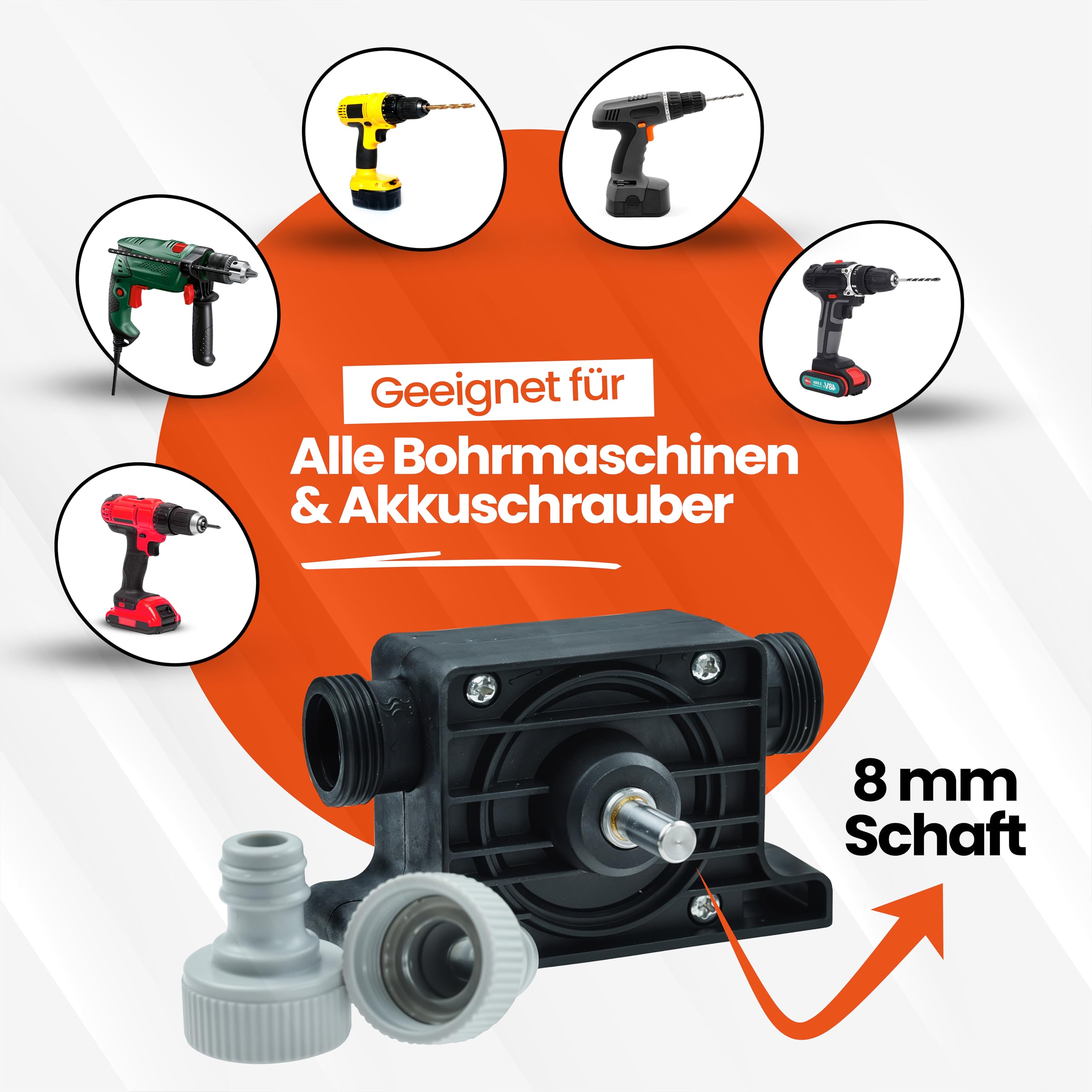 REXXER Wasserpumpe (Set) - Bohrmaschinenpumpe/Akkuschrauber Pumpe - sofort einsetzbar mit 2m Schlauch, Schellen & 2x Schlauchkupplung (900 l/h)