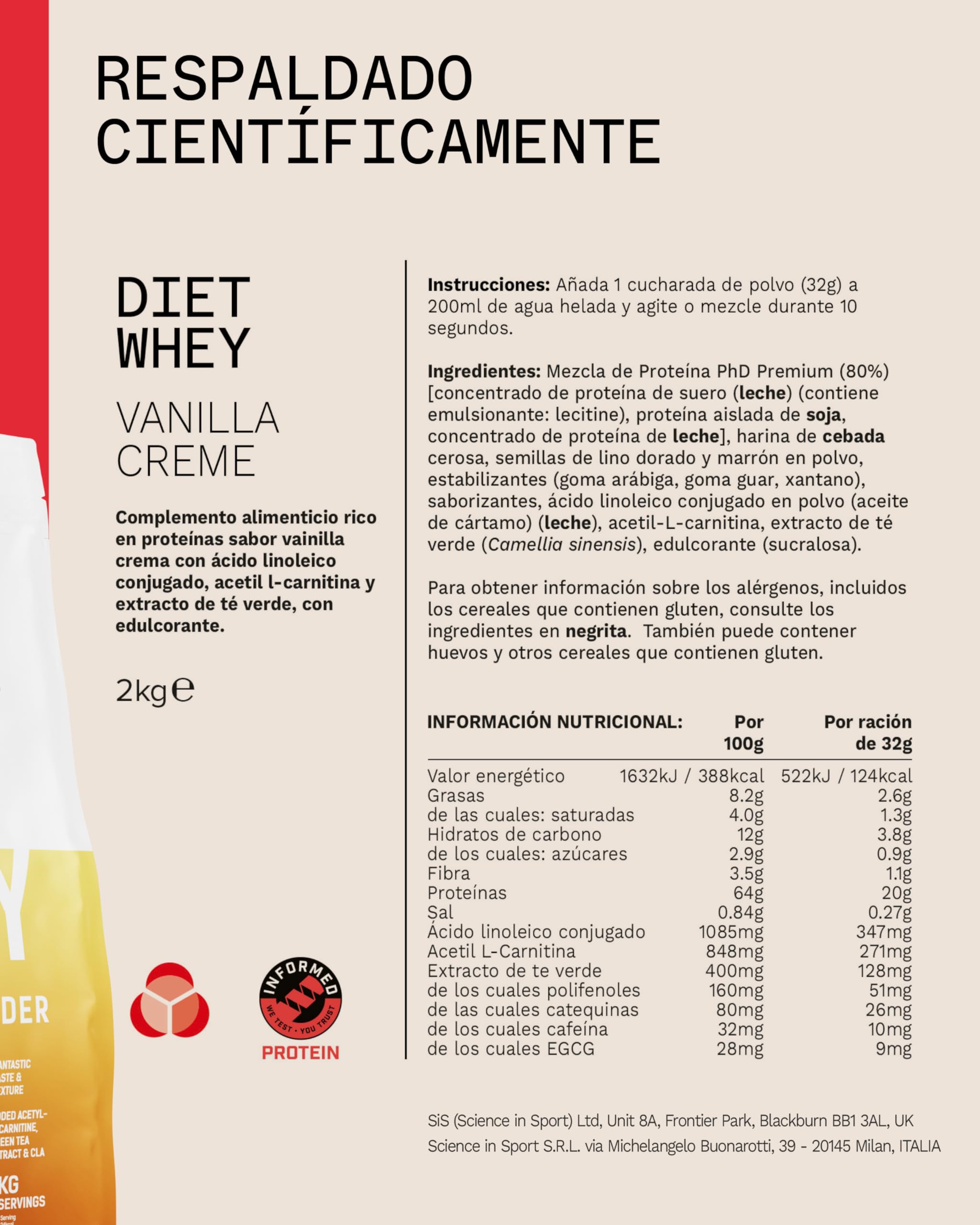 PhD Nutrition Diet Whey Protein en polvo 2kg Crema de vainilla, Proteína en polvo baja en calorías para complementar la dieta con 16g de proteína por ración