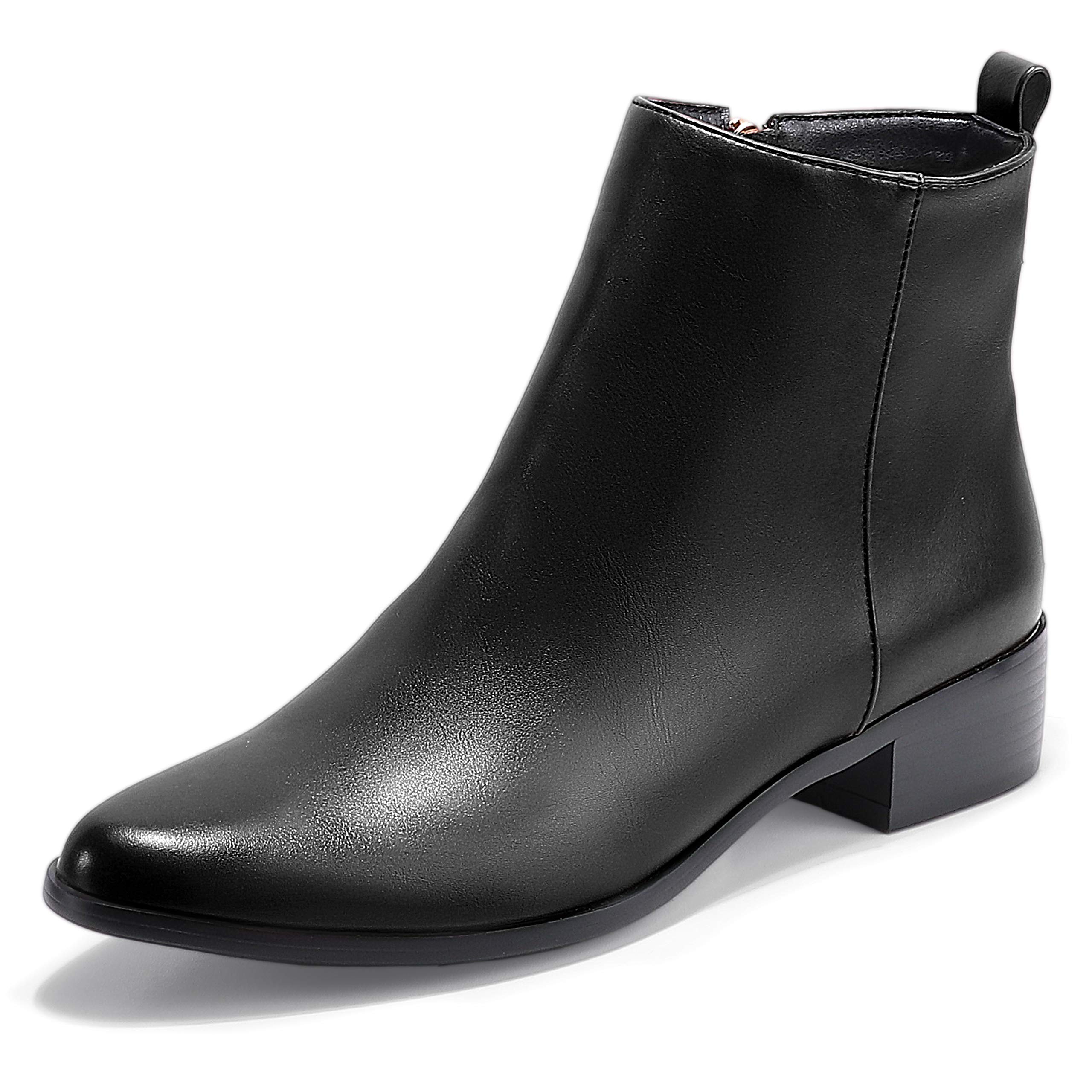 IDIFU Womens Romy Classic Pointed Toe Ankle Boots Side Zipper Low Block Heel Dress Booties
