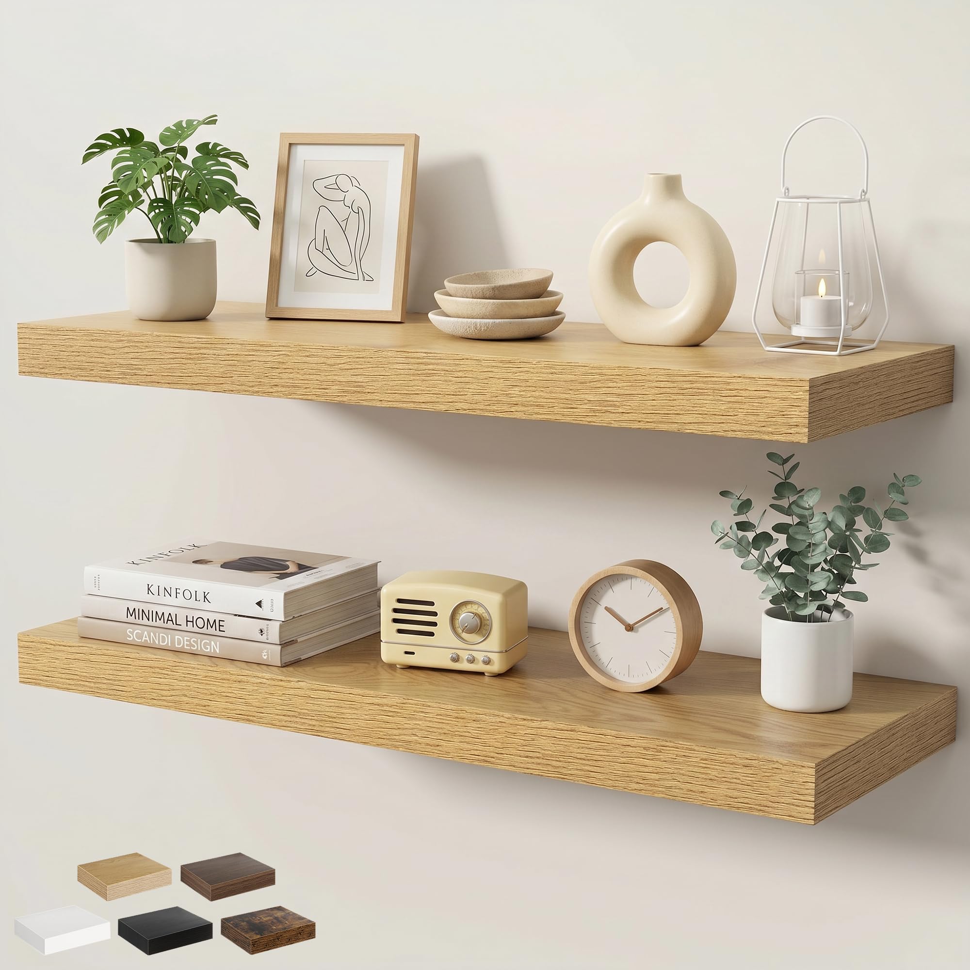 KovaScape 90cm Floating Shelves for Wall, 23.5cm Deep Wall Mounted Shelf with Invisible Brackets, Engineered Wood Rustic Shelf for Living Room Bathroom Bedroom Kitchen Storage, Oak, Set of 2