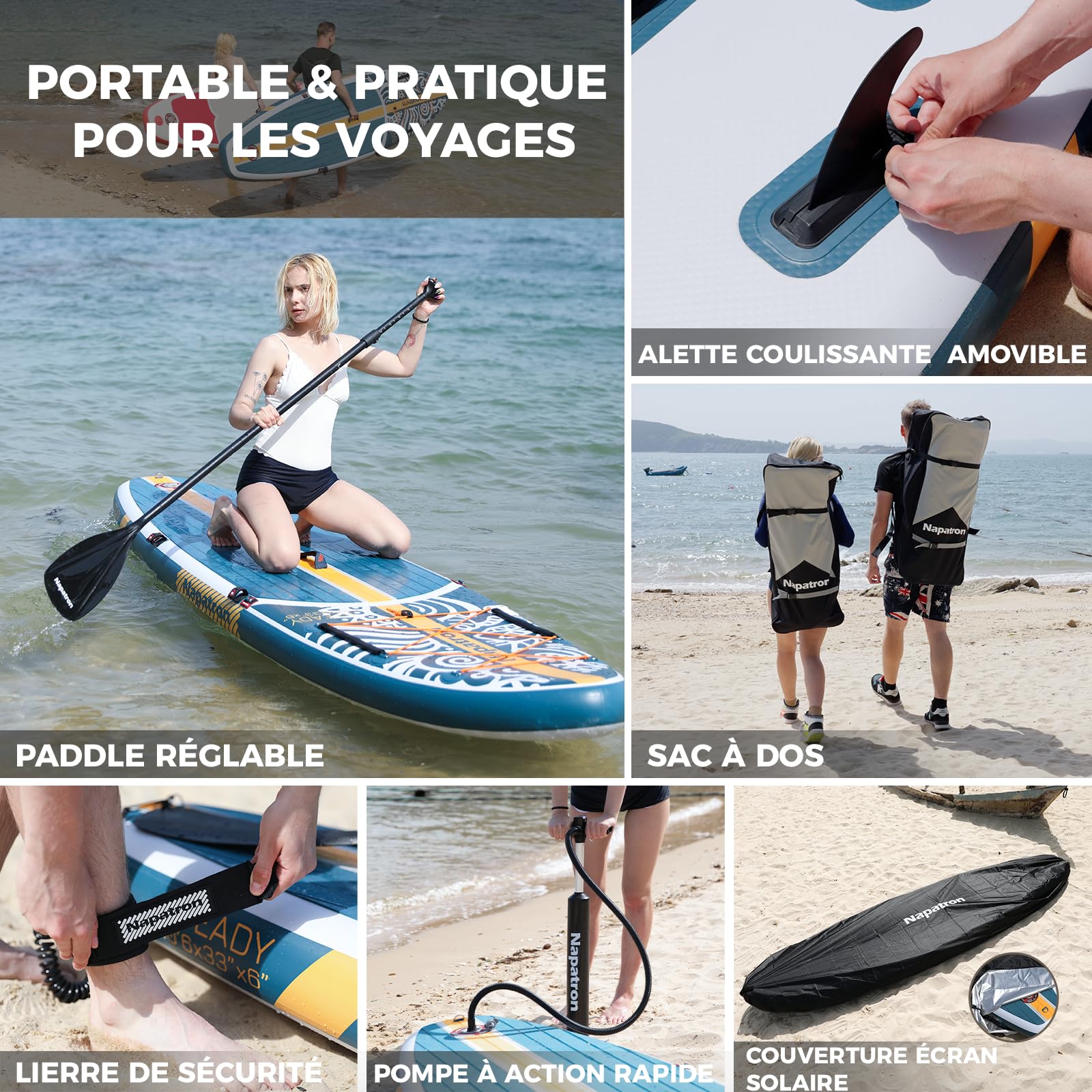 Napatron Planche à pagaie gonflable, 3 m, ultra légère avec pagaie réglable, pont antidérapant, laisse enroulée et sac de transport, planche à pagaie stable tout autour pour adultes
