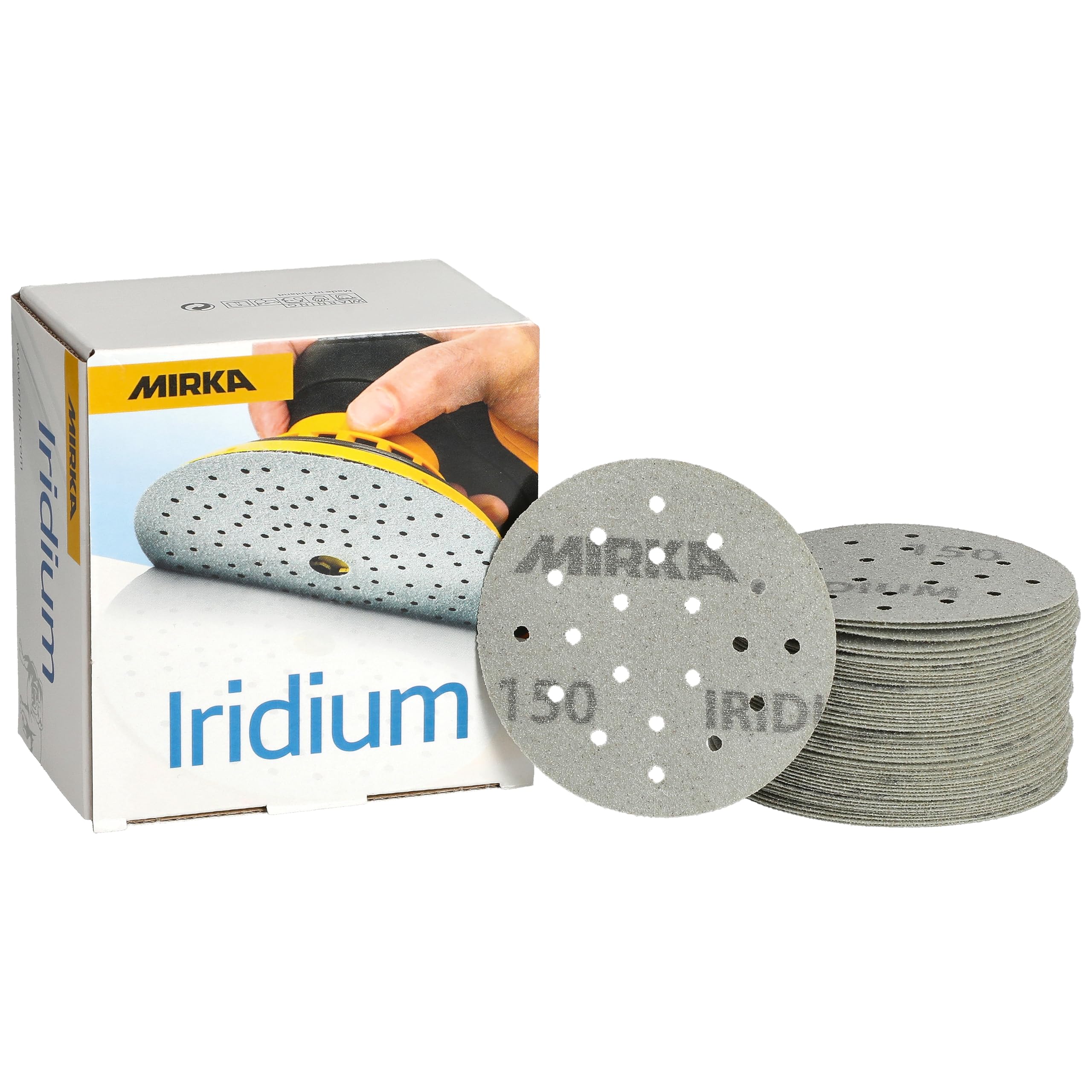 Mirka Iridium Premium Sandpaper Ø 77mm 20H Hook & loop Grit 150, 50 pcs/For sanding paint, putty, primer, wood, steel, mineral materials, plastic.