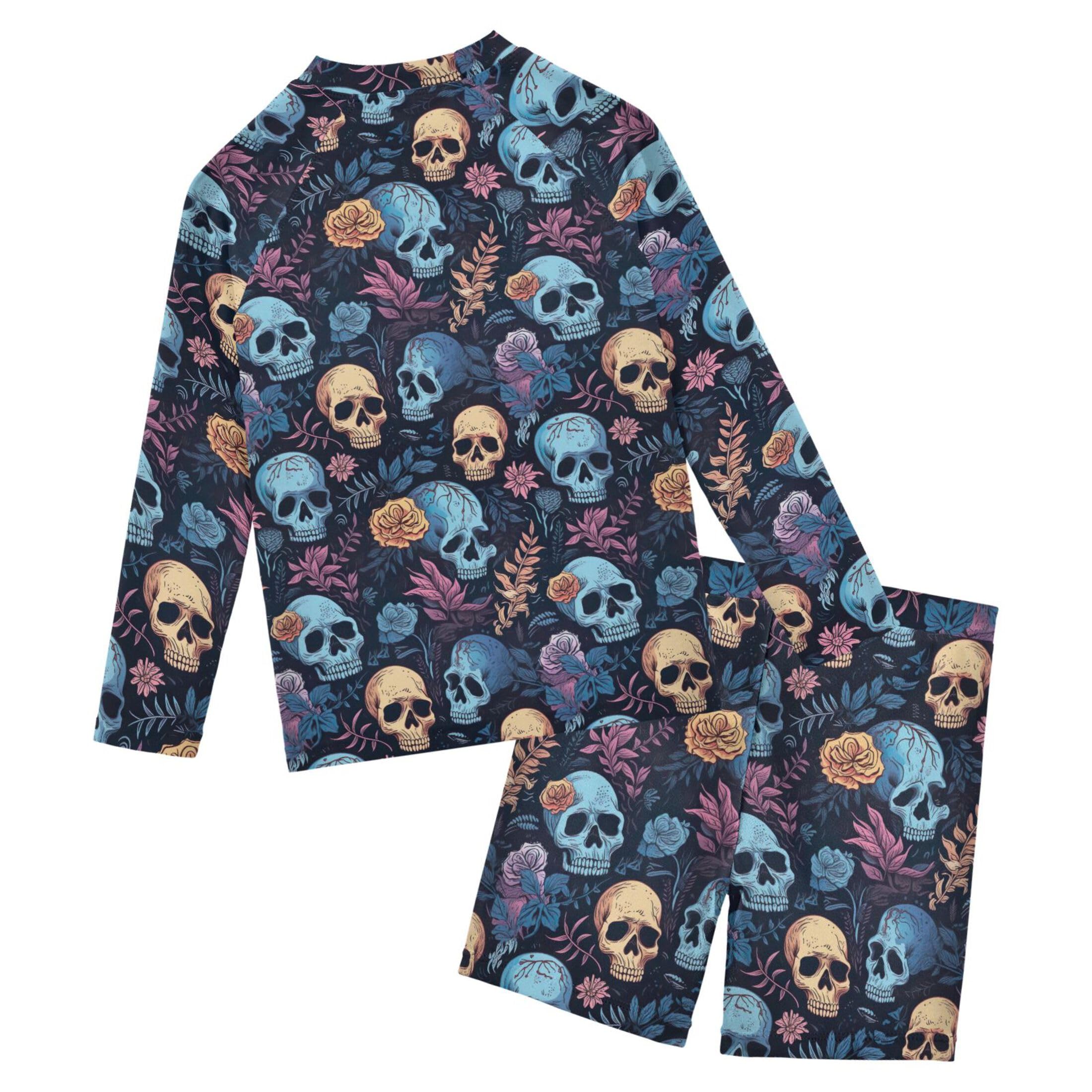 Sugar Skull Skeleton Gothic Flowers Toddlers and Baby Boys' Swimsuit Trunk and Rashguard Set B0403005