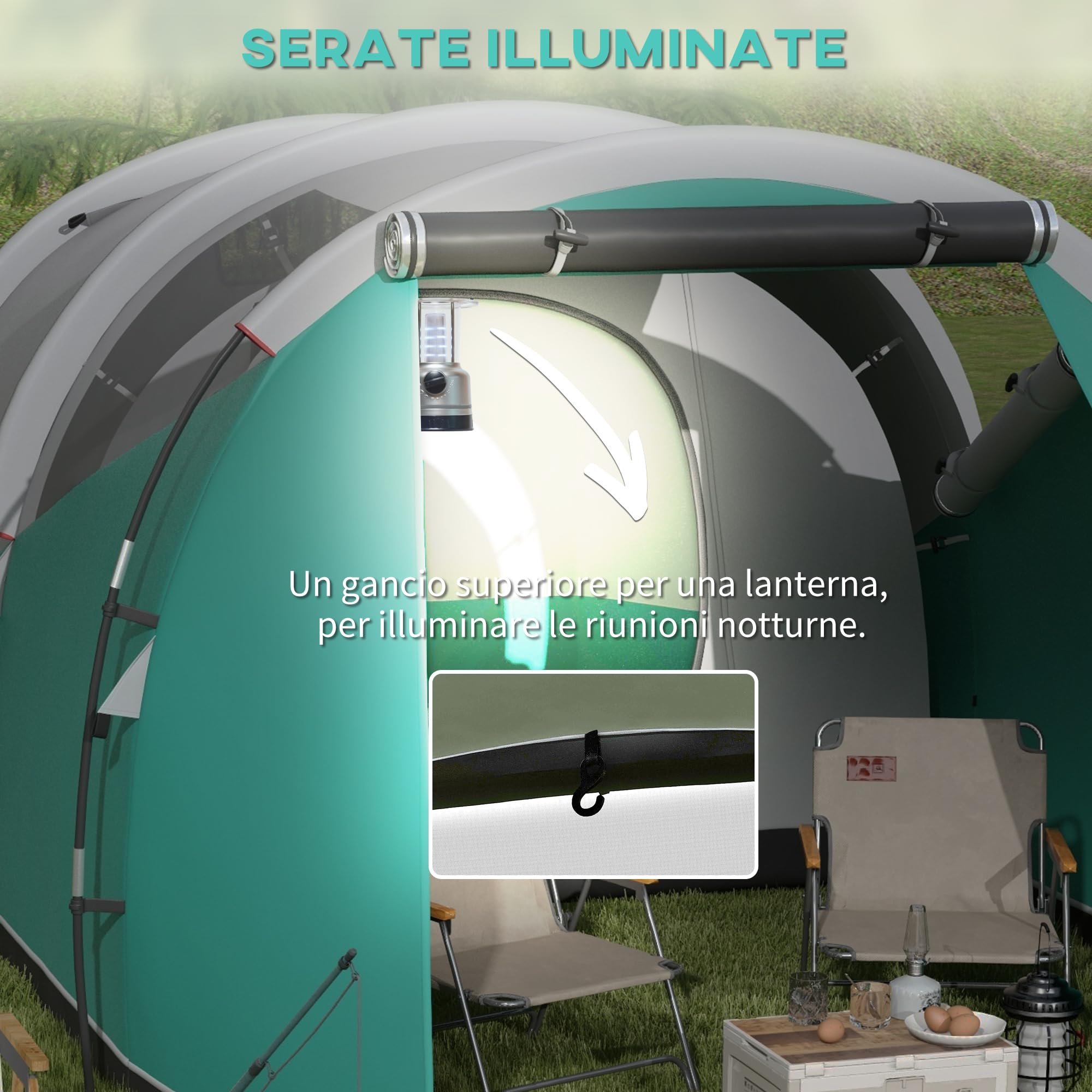 Outsunny Tenda da Campeggio 2-4 Persone Impermeabile con Stanza Separata, Tenda a Tunnel Familiare con Borsa di Trasporto, 460x260x190 cm, Verde