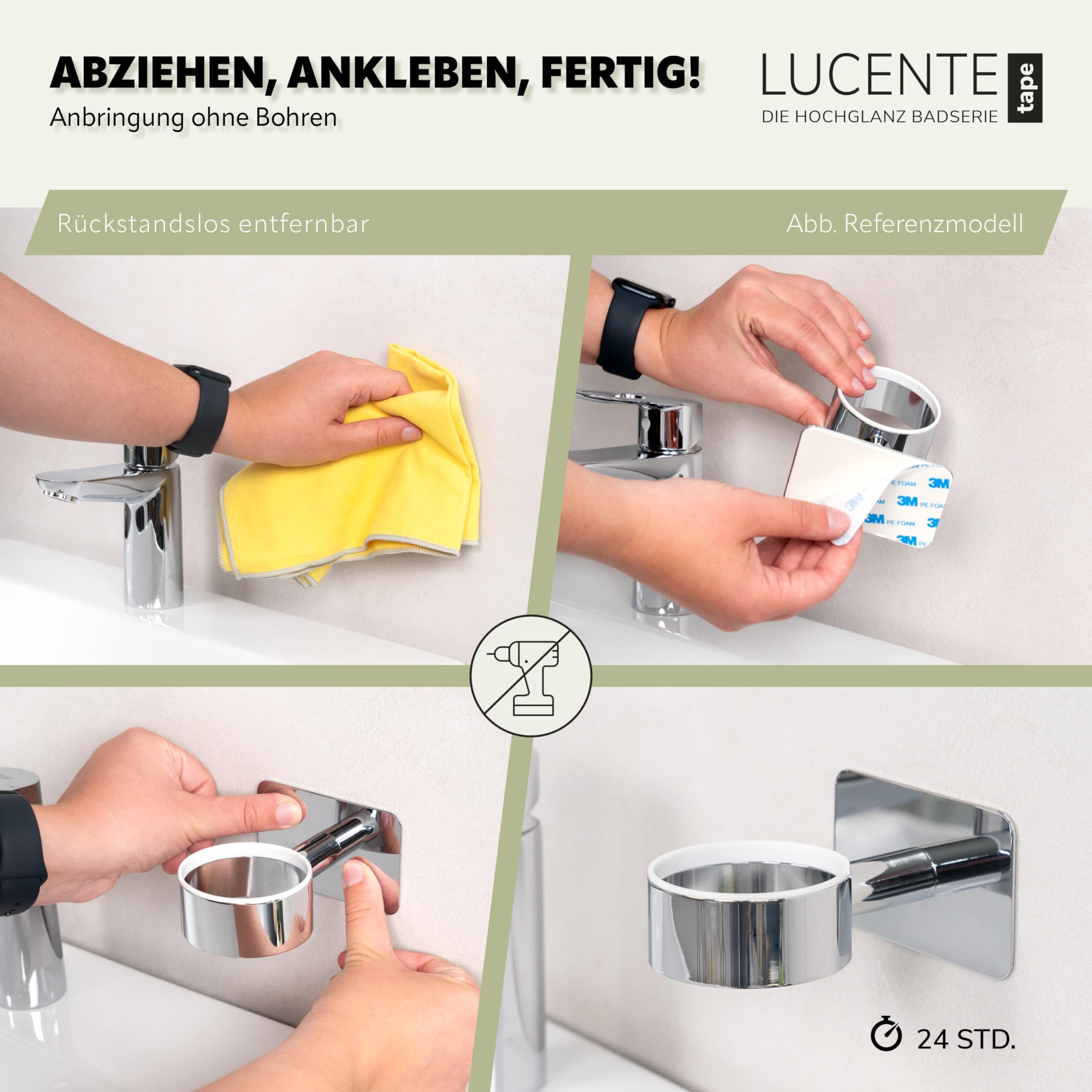 bremermann Bad-Serie Lucente Tape - Doppel-Glasbecherhalter selbstklebend Glas & Edelstahl, hochglänzend - kein Bohren 3M Klebebefestigung Zahnputzbecher