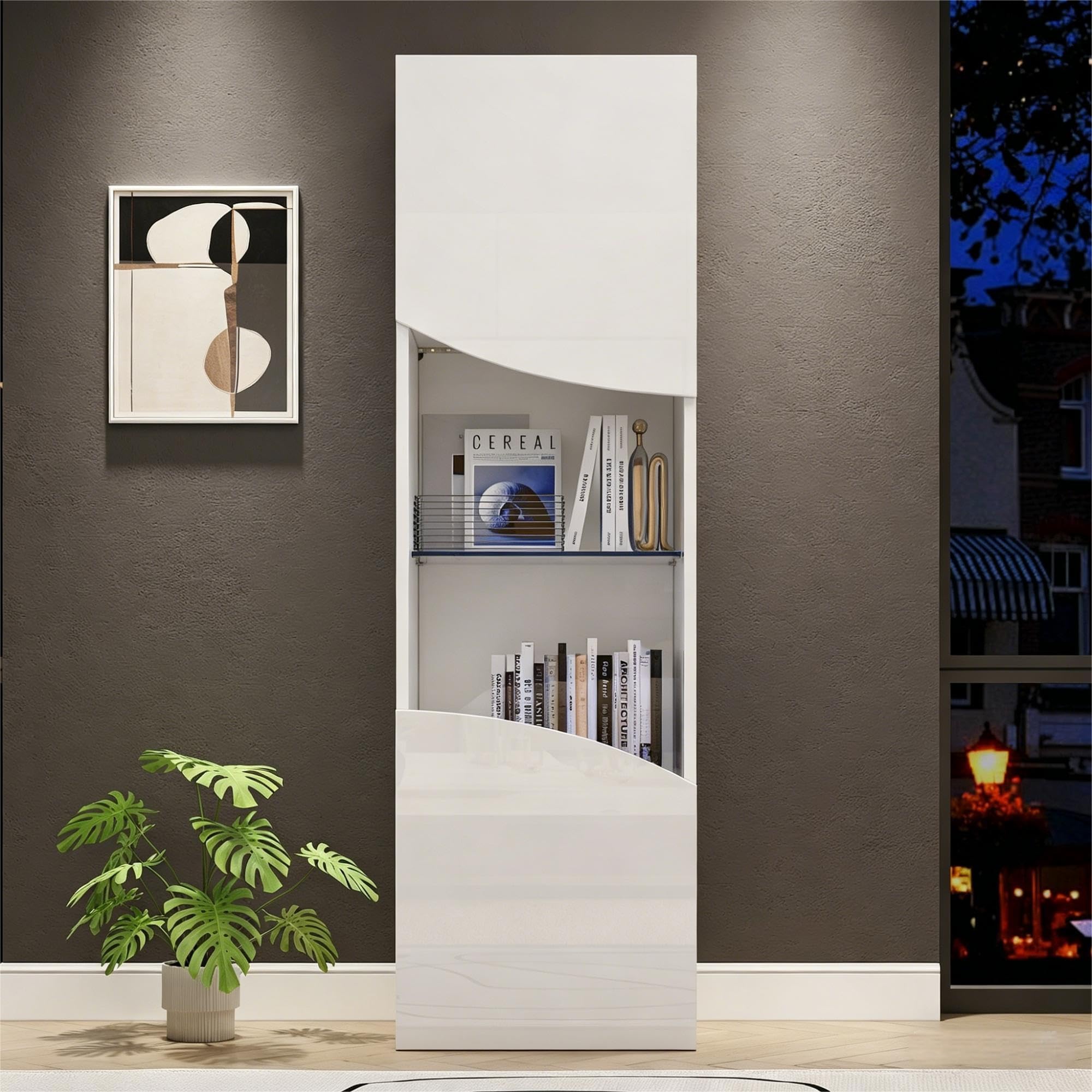 SUKY Vetrina lucida, 35 x 50 x 165 cm, con superficie concava ad arco, per soggiorno, con grande capienza, bianco