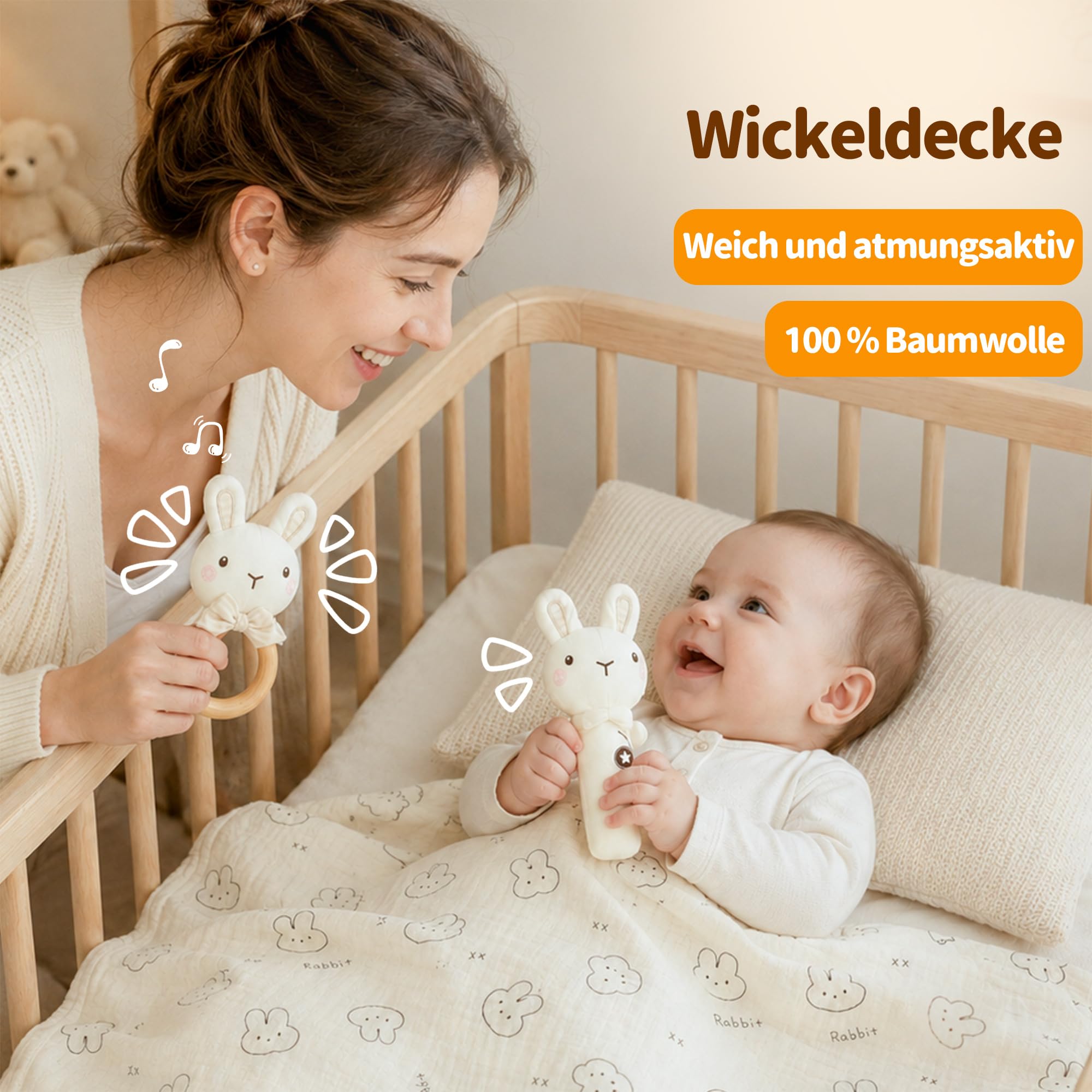 Baby Geschenk 20-teilig, Neugeborenen Set, Geschenk zur Geburt | Set mit Decke, Haarband, Holzrassel, Baby Schnuffeltuch und Tuch.